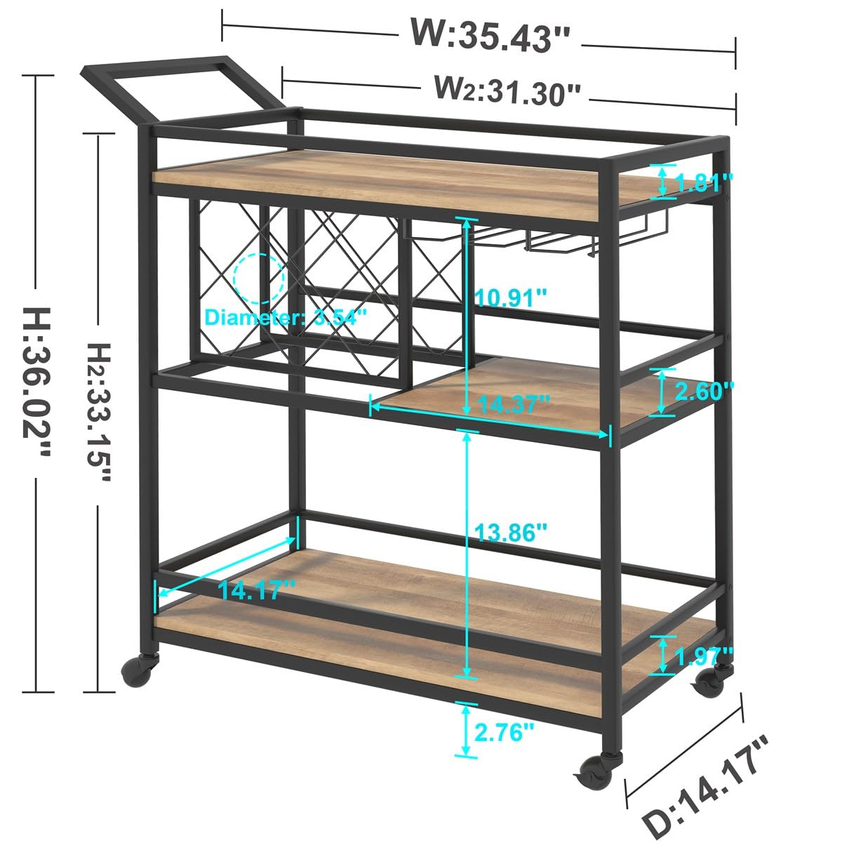 FATORRI Bar Cart for The Home, Rolling Wine Carts on Wheels with 3 Tier Wood Shelves, Liquor Beverage Cart with Wine Rack and Glass Holder (Rustic Oak)