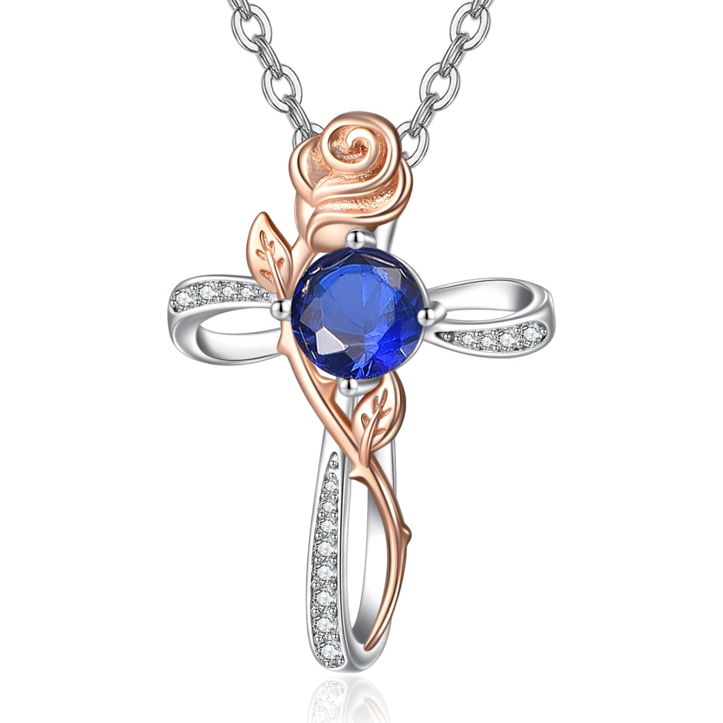 Cross Necklace for Women Sterling Silver Cross Pendant Jewelry with Rose Sapphire September Birthstone Necklace Christian Religious Baptism First Communion Confirmation Birthday Gifts for Women
