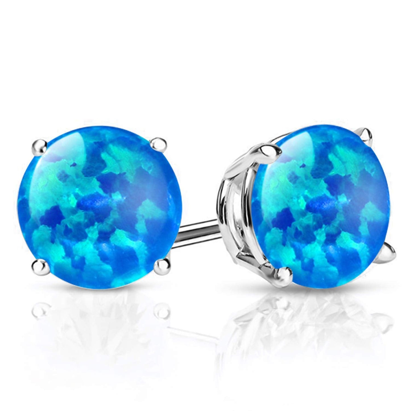 Gem Stone King 2-4 Cttw Round Gemstone Birthstone Stud Earrings For Women Men | 925 Sterling Silver | Round 7MM | Fine Jewelry Gifts for Women Her Mom Wife Men | Blue Simulated Opal-Cabochon-October