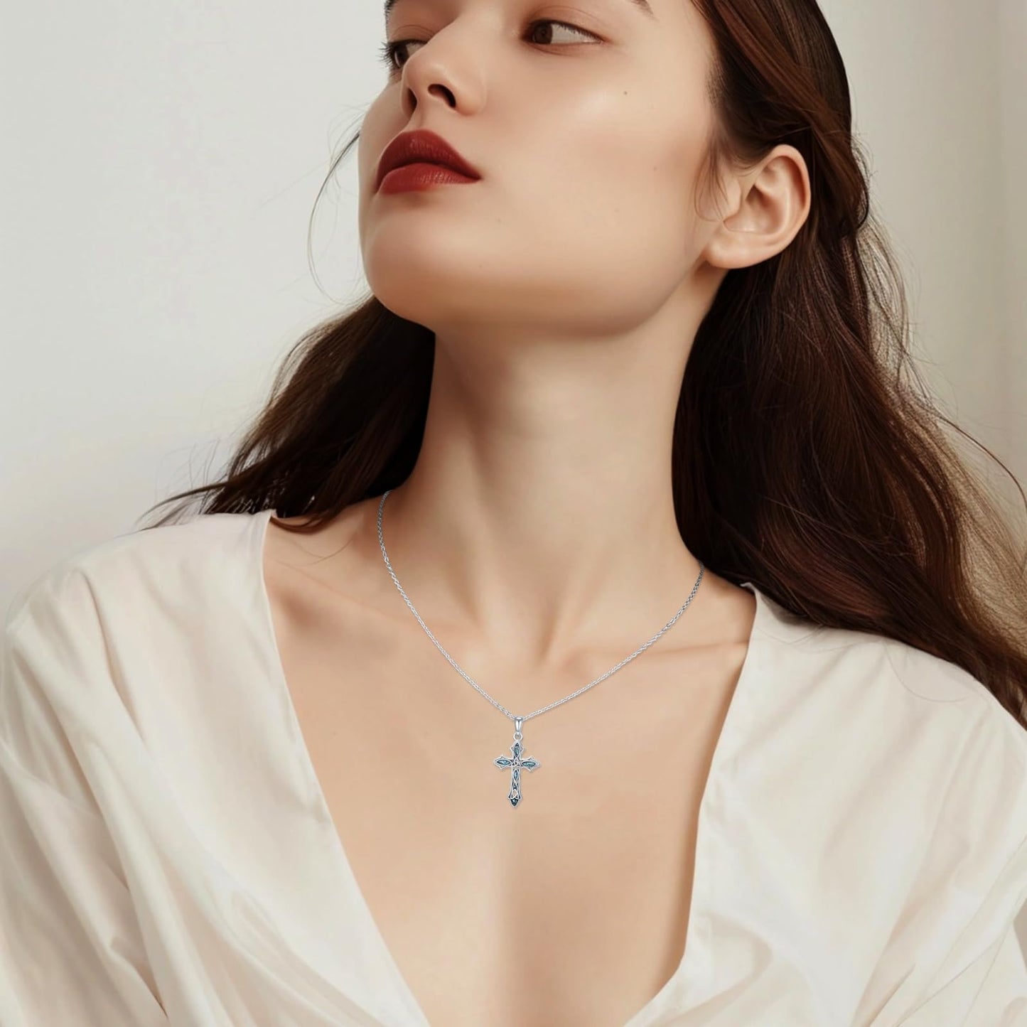 MOPOPOK Cross Necklace for Women S925 Sterling Silver Turquoise Cross Celtic Knot Pendant Necklace Protection Jewelry Gifts for Mom Wife Birthday Graduation Anniversary