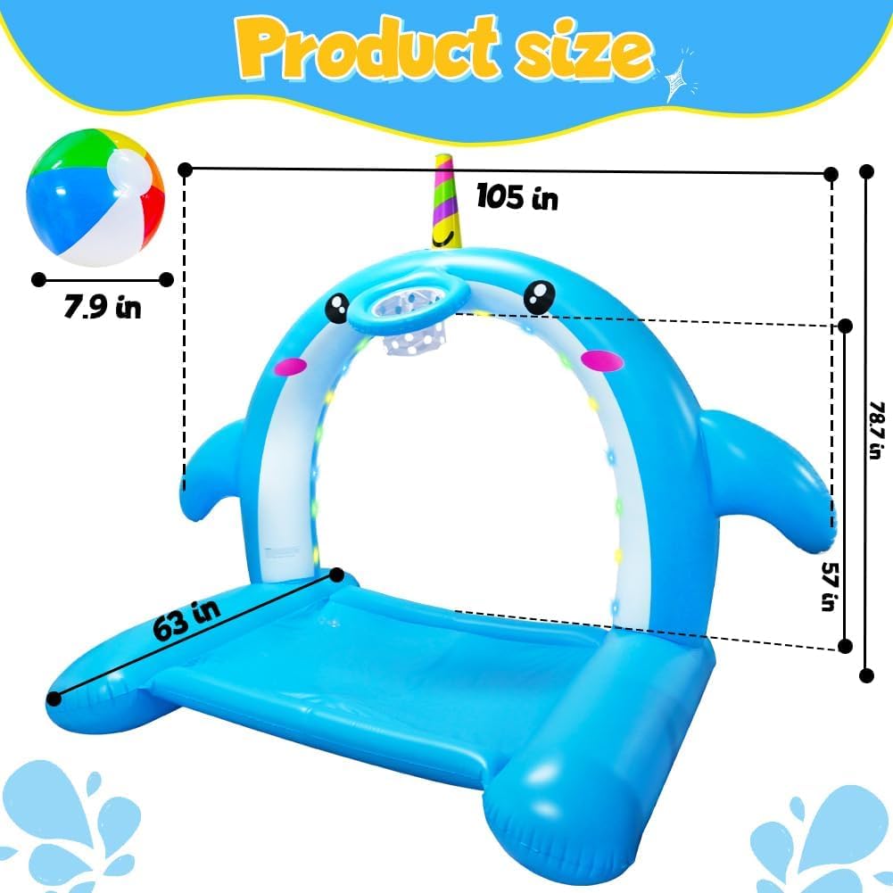 8.7FT Inflatable Whale Sprinkler Water Toys with Basketball Hoop Arch, 3-in-1 Large Splash Pad for Kids & Dogs, 16 LED Lights, Thickened Mat Toys for Outdoor Backyard & Garden Summer Fun
