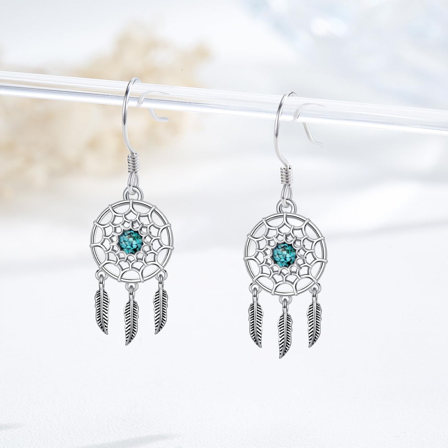 KoyeKei Dream Catcher Earrings 925 Sterling Silver Turquoise Dreamcatcher Feather Dangle Drop Earrings Western Boho Jewelry Country Christmas Gifts for Women