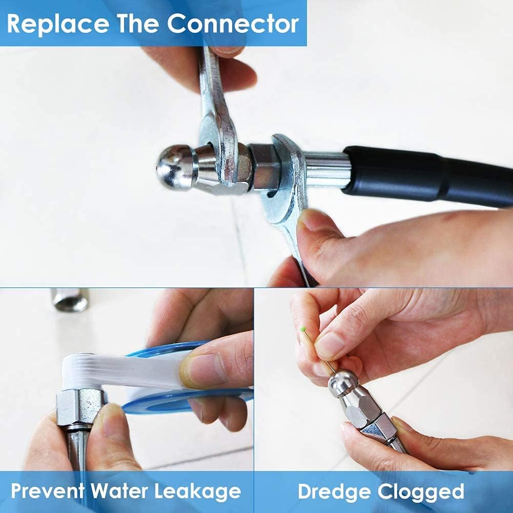 200FT Sewer Jetter Kit for Pressure Washer, 5800PSI Drain Cleaner Hose 1/4 Inch NPT Corner, Rotating and Button Hose Sewer Jetting Nozzle Pearl Corsage Pin Waterproof Tape with 2 Spanner