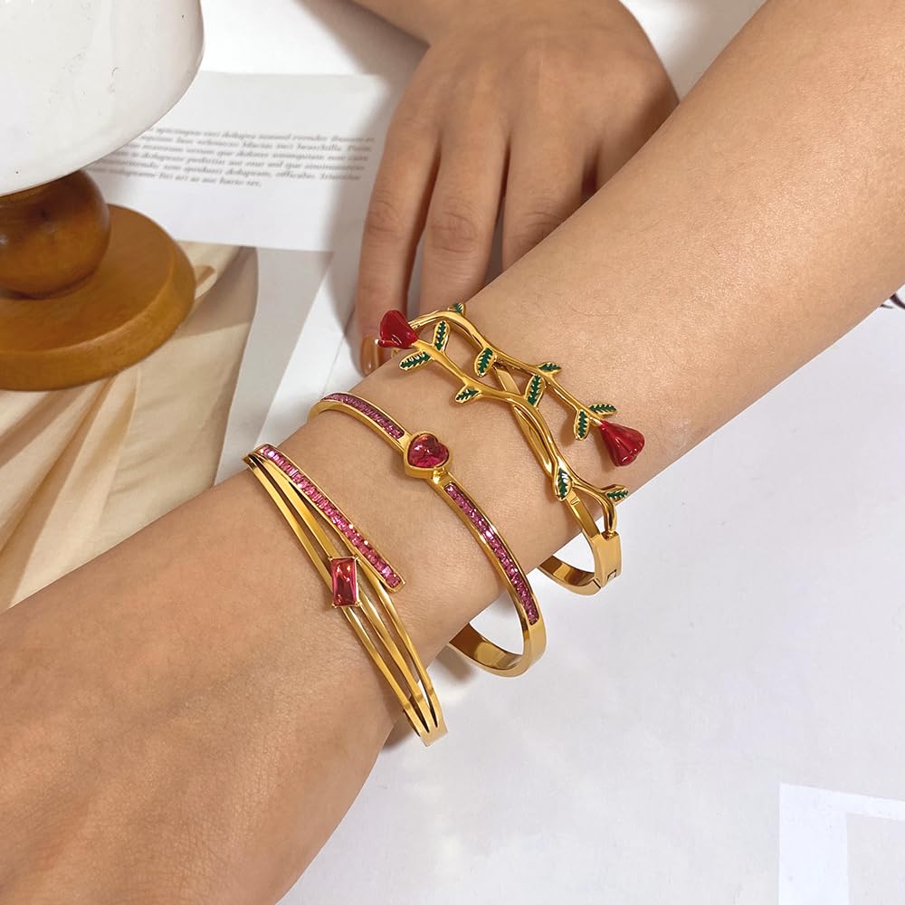 hotoo Rose Floral Stackable Bangle Sets For Women - 18K Gold Plated Stainless Steel Bangle Bracelets Sets Red Heart Gold Bangle Set For Christmas Mother's Day Trendy Jewelry Gifts
