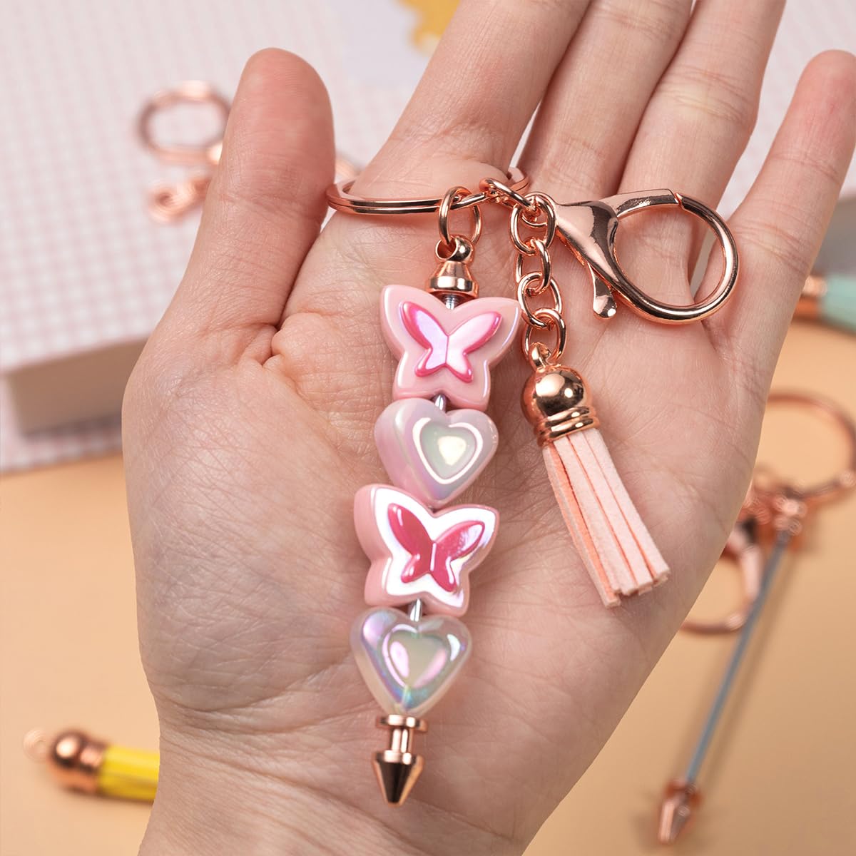 40 Pcs Beadable Keychain Bar, Golden-Pink Beaded Keychain for Pendant DIY and Colorful Leather Tassel Loose, Alloy Keychain Accessories Bulk for Keychain Supplies Jewelry Making Gift (Gold-Pink)