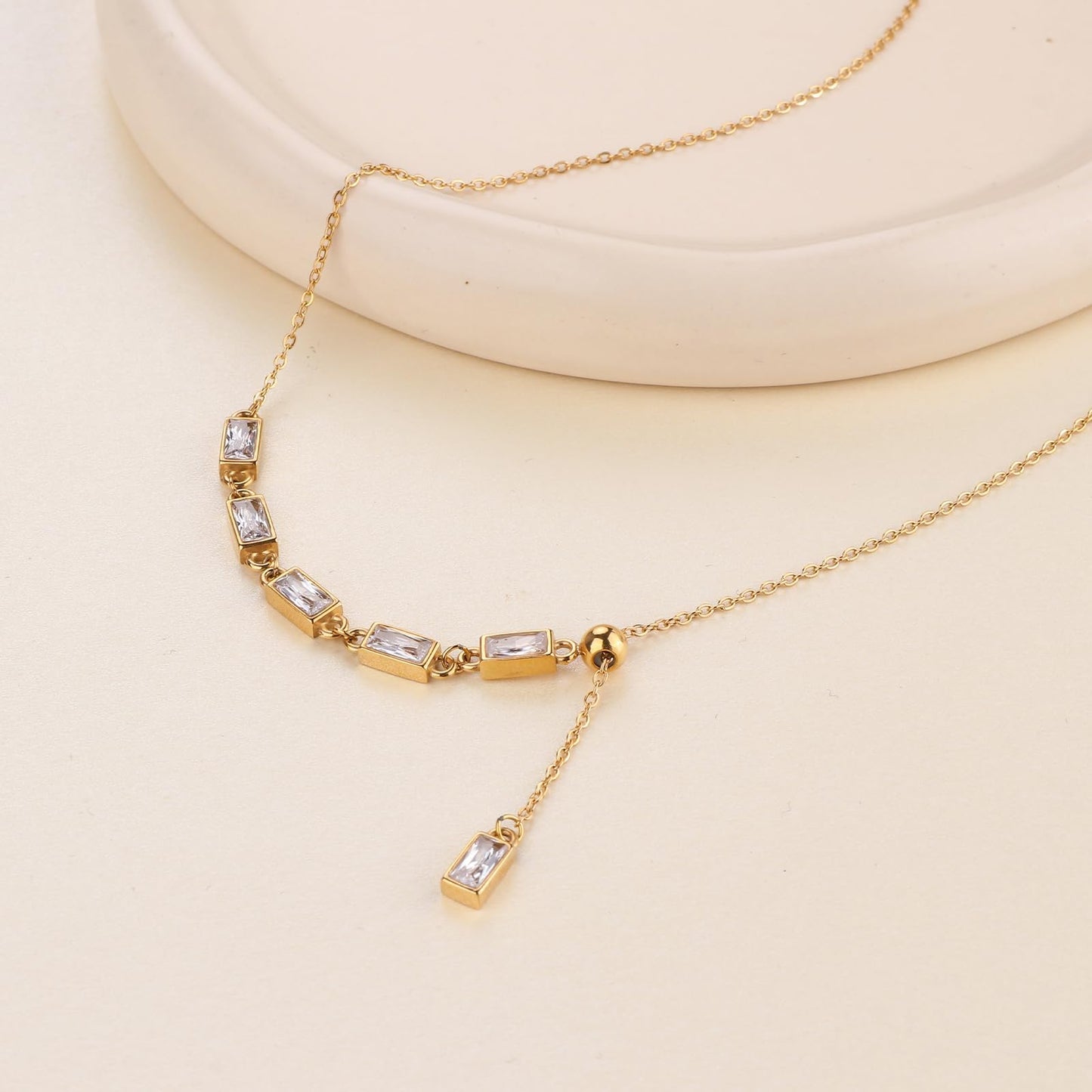 TaYolnFaSo Imitation Diamond Y Shaped Necklace 18K Gold Plated White CZ Y Lariat Necklace Emerald Cut Jewelry Christmas Gift for Women