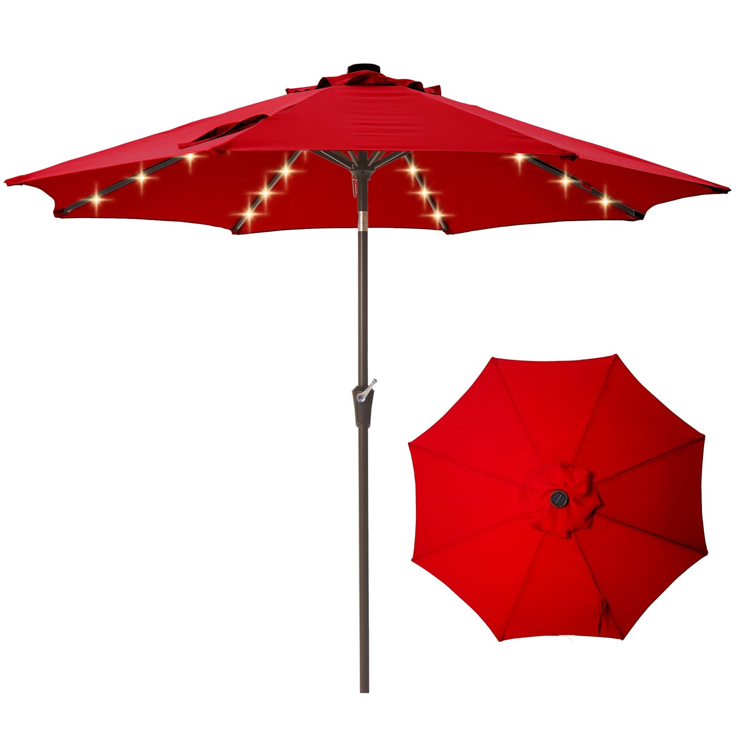 Tioline 9FT Solar-Powered LED Patio Umbrella with Tilt Crank,Outdoor Market Umbrella with 32 Lights,Sunshade for Deck, Garden and Pool,Red
