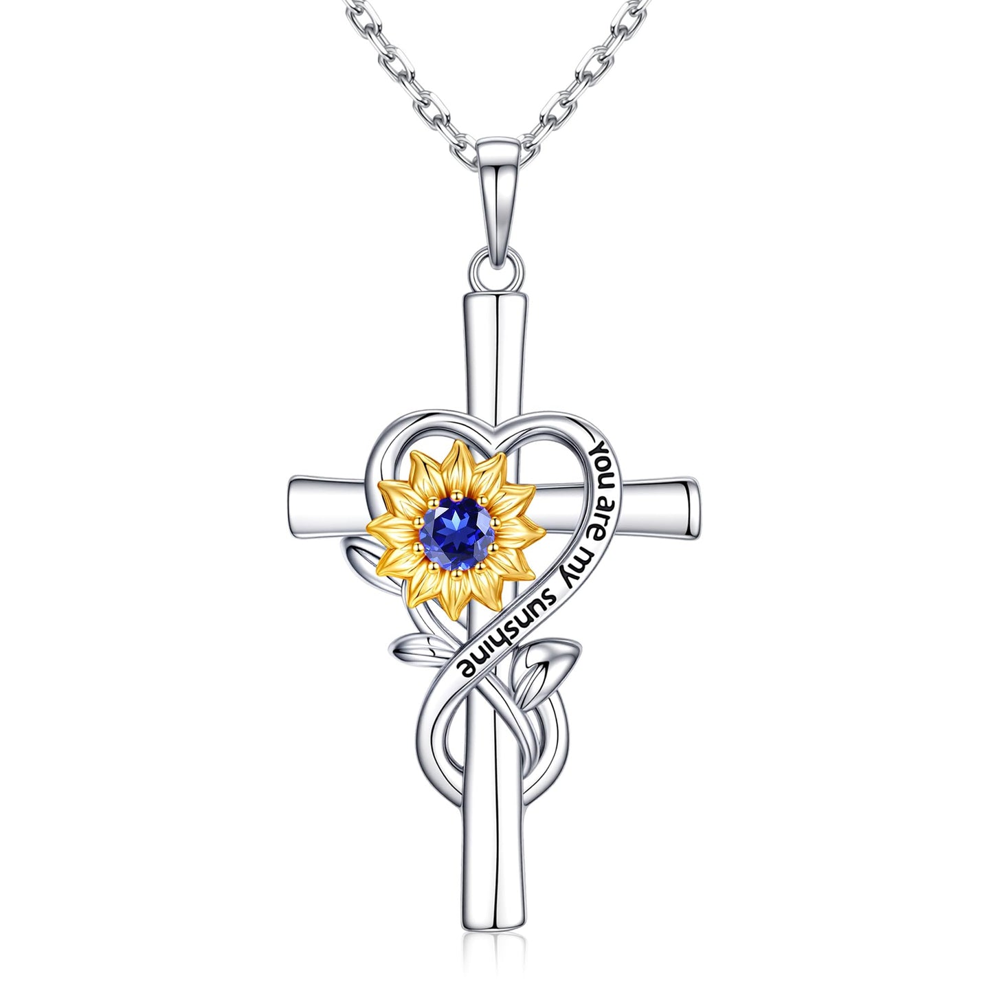 Iefil Cross Sunflower Necklaces for Wife - Simulated Sapphire Necklace, September Jewelry | Anniversary Birthday Gifts for Women, Sunflower Gifts