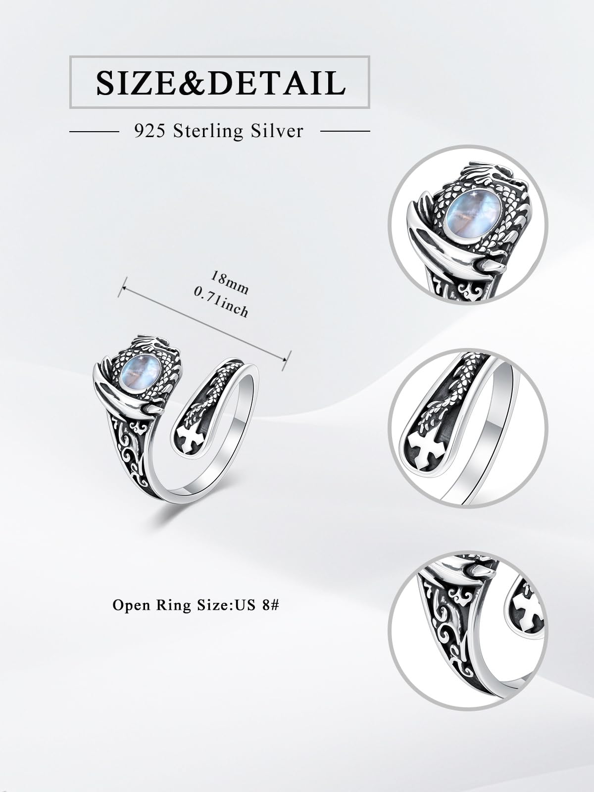 Midari Moonstone Dragon Spoon Rings for Women 925 Sterling Silver Adjustable Dragon Moonstone Rings Abalone Open Spoon Thumb Rings Dragon Jewelry for Women Men Birthday Christmas Gifts