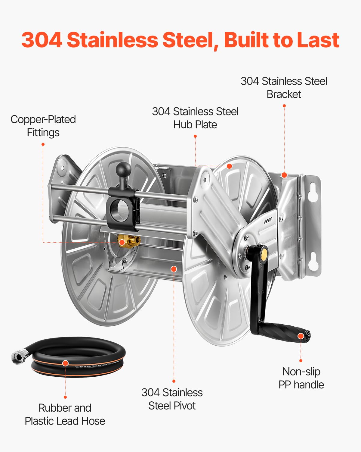 VEVOR Stainless Steel Wall Mounted Garden Hose Reel Heavy Duty, Holds 150 ft 5/8-inch Water Hose Winder, Outdoor Manual Reel with Brass Fitting & 5ft Leader Hose, Space Saving, for Yard Lawn Garage