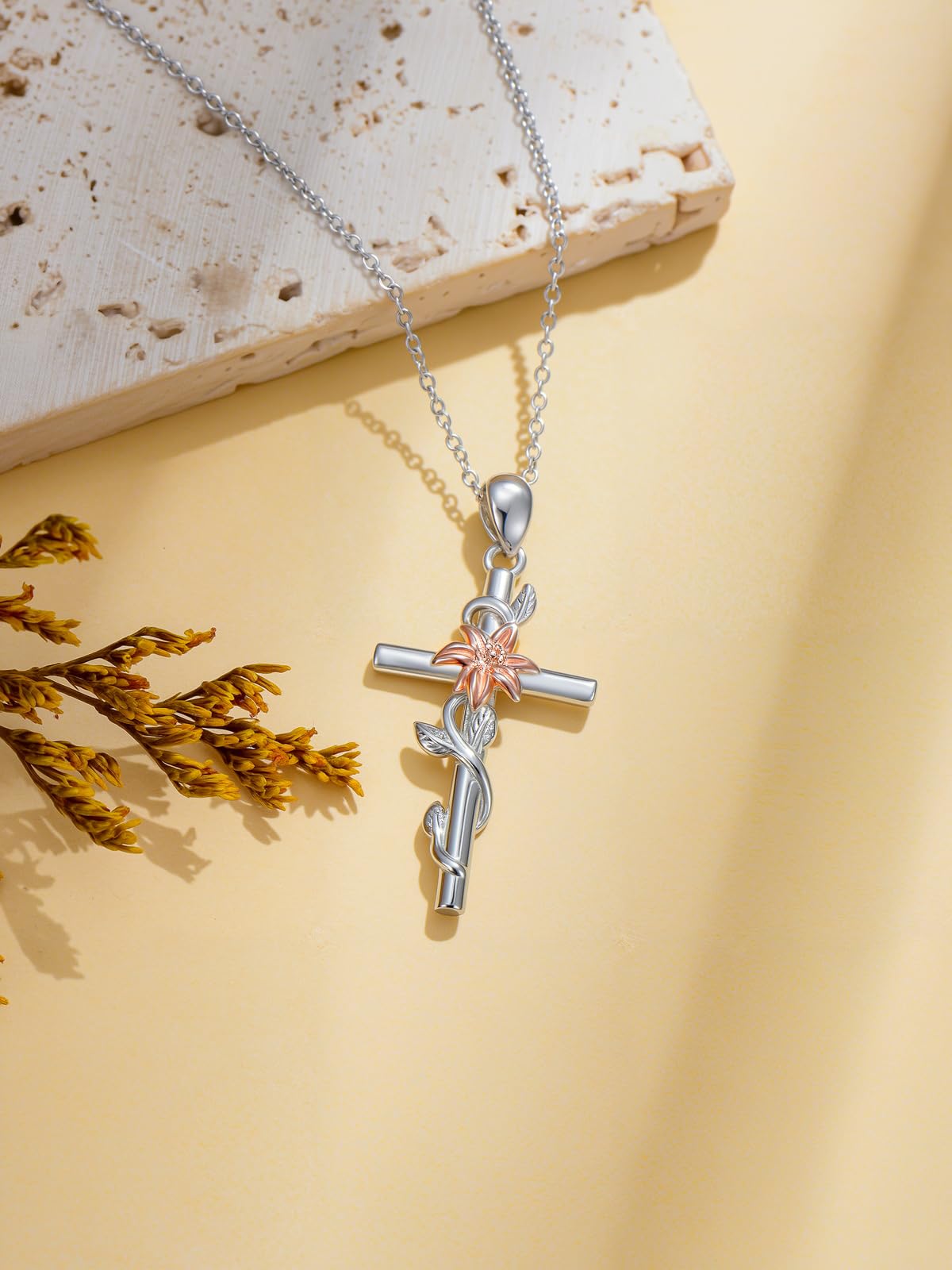 YYB Lily Cross Necklace for Women 925 Sterling Silver Lily Jewelry Dainty Silver Cross Necklace Christian Religious Gifts for Women Mothers Day Gifts