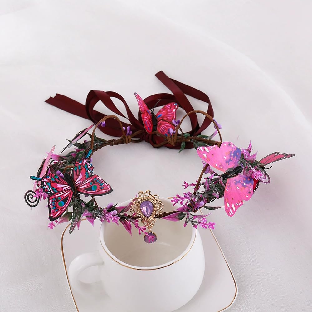 Flower Crown for Women, Adjustable Hair Accessories Butterfly Floral Crown with Crystal Rhinestone Headpiece Handmade Hairbands Floral Crown for Girls (Purple, Adjustable)
