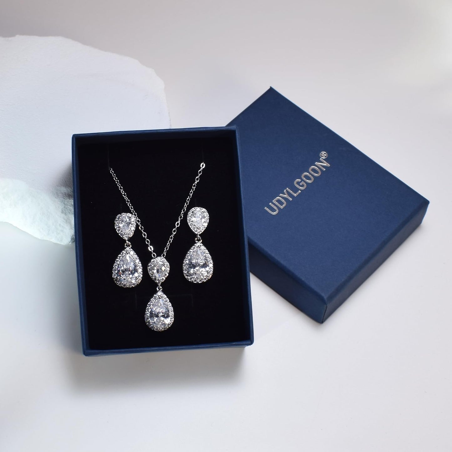 UDYLGOON Bridal Jewelry Set for Women, Cubic Zirconia Teardrop Bride Bridesmaid Necklace and Earrings Set for Wedding Prom Formal (14K Gold Plated)
