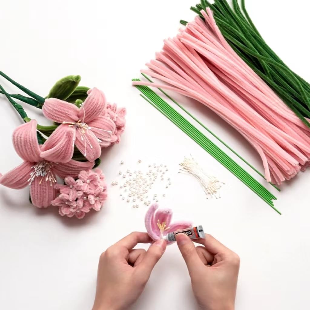 Dark Pink Pipe Cleaner Kit with 150 Pcs Pipe Cleaners Colourful in 2 Colours（Dark Pink,Green,8 Pcs Green Floral Wire,40 Pearls,40 Stamen,Floral Tape,Flower Wrapping Paper and Ribbon