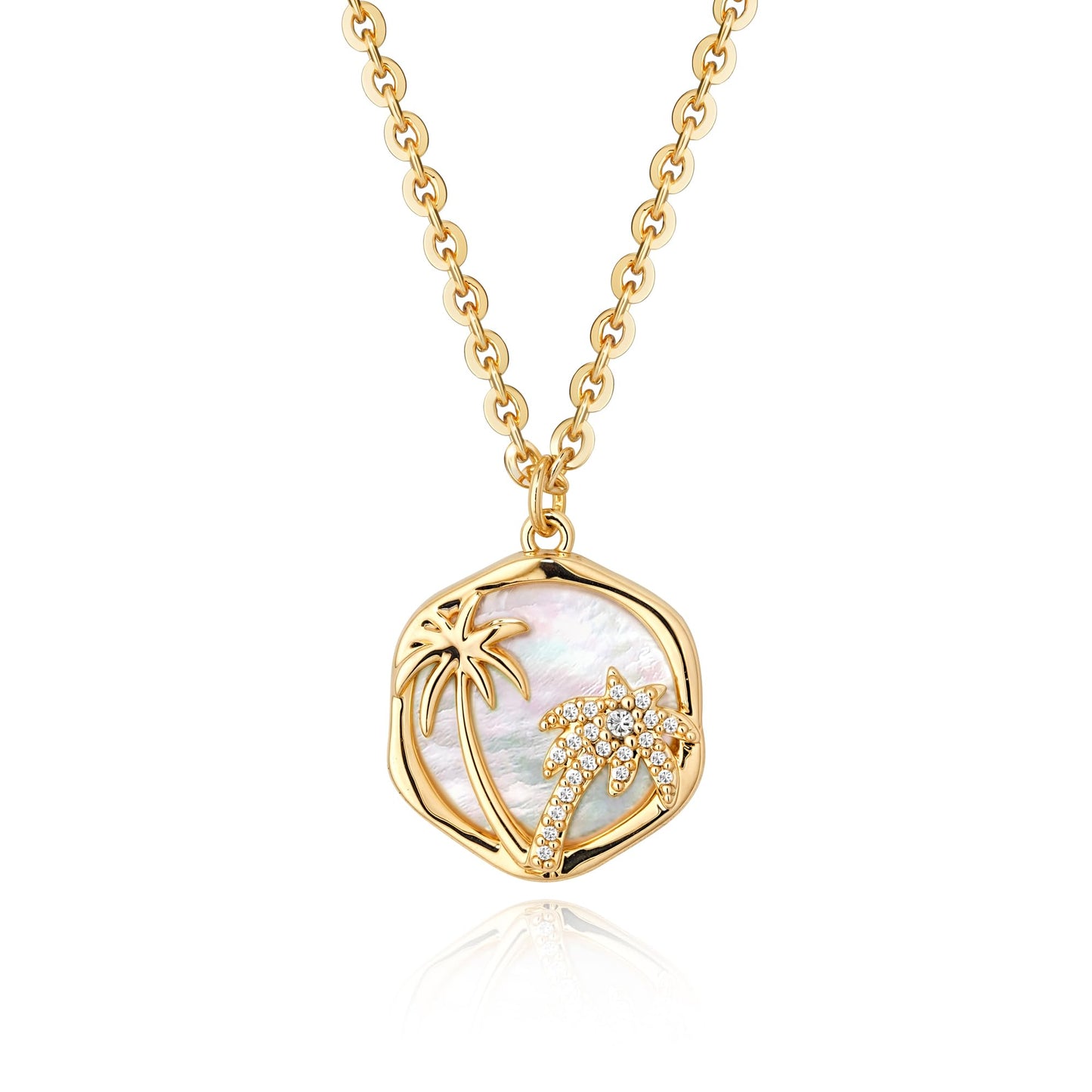 MYEARS Women Gold Necklace Coconut Tree Coin Pendant White Mother of Pearl Cubic Zirconia 14K Simple Dainty Thick Chain Everyday Summer Beach Jewelry