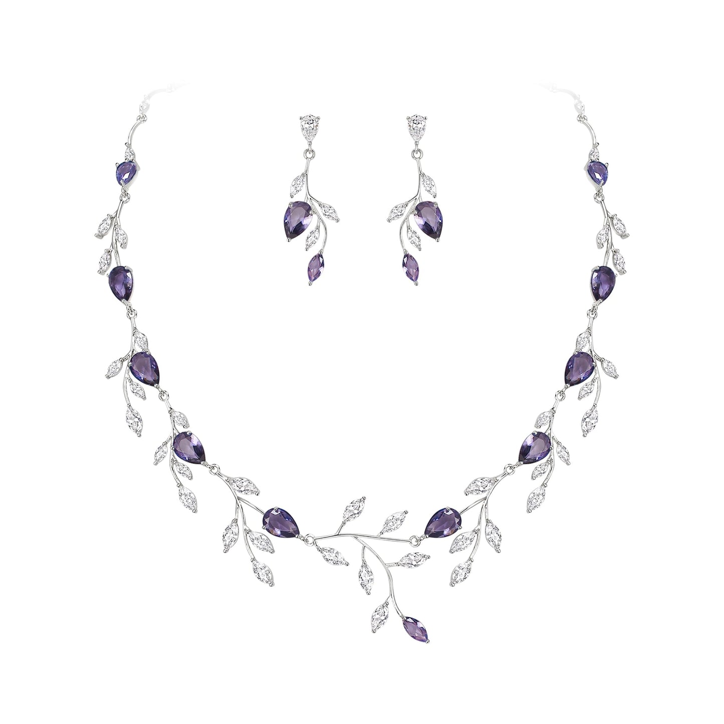 EVER FAITH Party Jewelry Set for Women, Sparkly Cubic Zirconia Pear-Shaped Birthstone Leaf Necklace Earrings Sets for Prom Purple