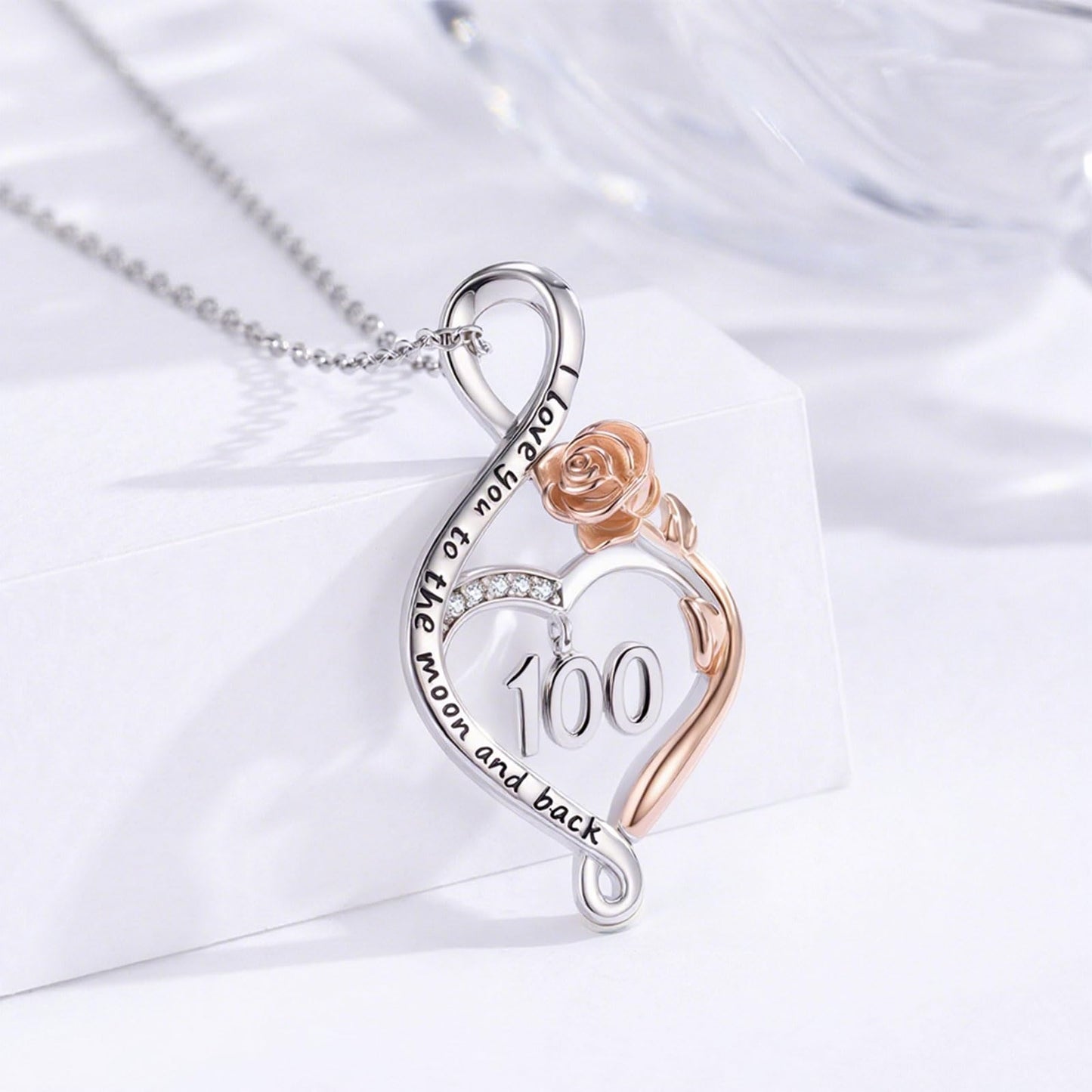 KoyeKei 100th Birthday Gifts for Women 100 Year Old Necklace 925 Sterling Silver Rose Flower Heart Infinity Pendant Jewelry Birthday Mothers Day Gift for Nana Granddaughter