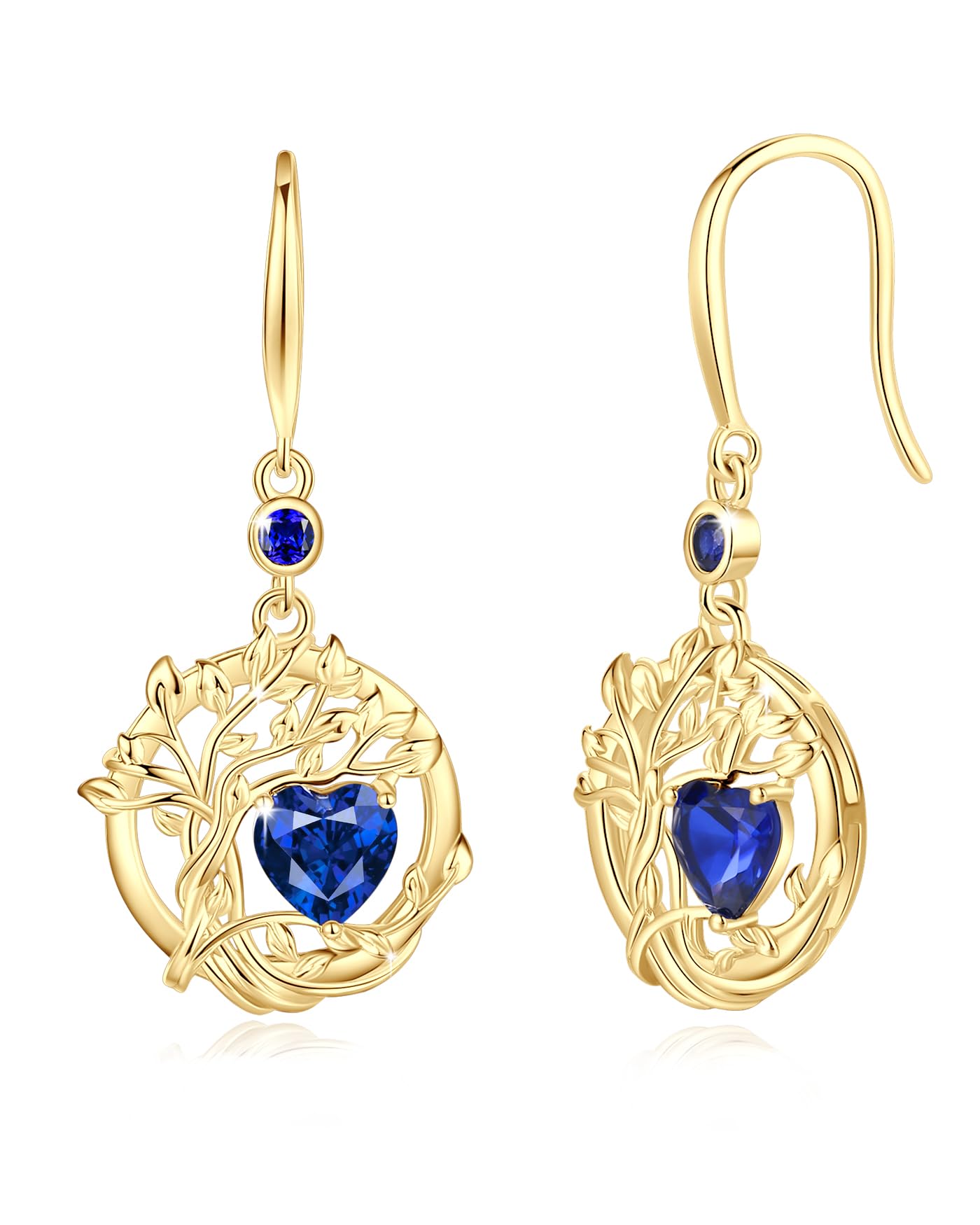 FANCIME Tree of Life Earrings 925 Sterling Silver Yellow Gold Plated Sapphire Dangle Drop Blue Gemstone Earring September Birthstone Fine Jewelry Birthday Mothers Day Gifts for Mom Her Women