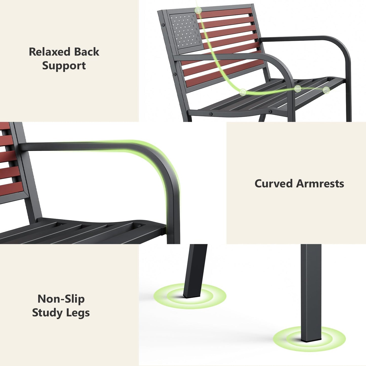 MAKE CHANGES Outdoor Bench, Sturdy Metal Garden Bench with Classic Stars and Stripes Design Metal Backrest, 2-Person Patio Bench for Outside Seating, Cast Iron Steel Porch Yard Lawn Furniture, Red