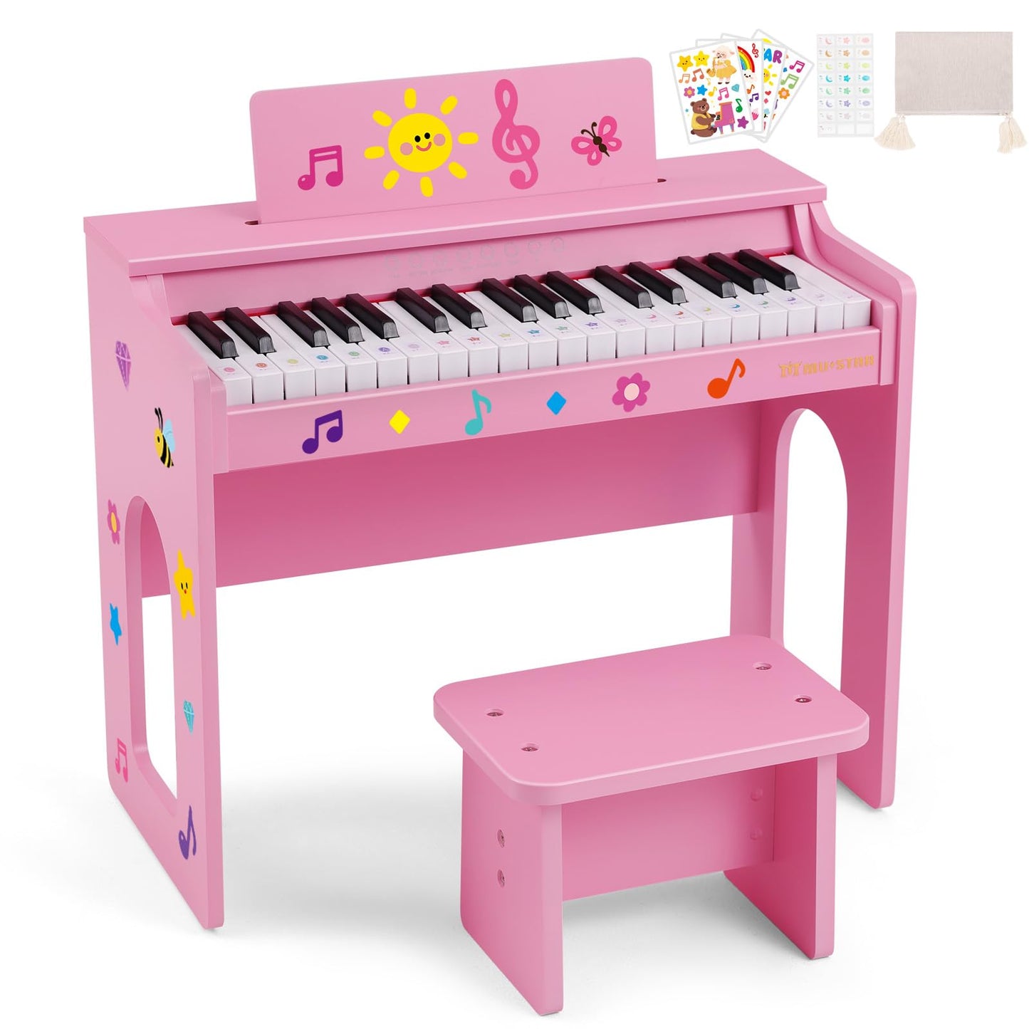 Kids Piano Keyboard, 37 Keys Wooden Digital Piano for Kids with Bench,Song Book, DIY Stickers, Cover, Education Creative Musical Instruments Toy for Boys & Grils Gifts