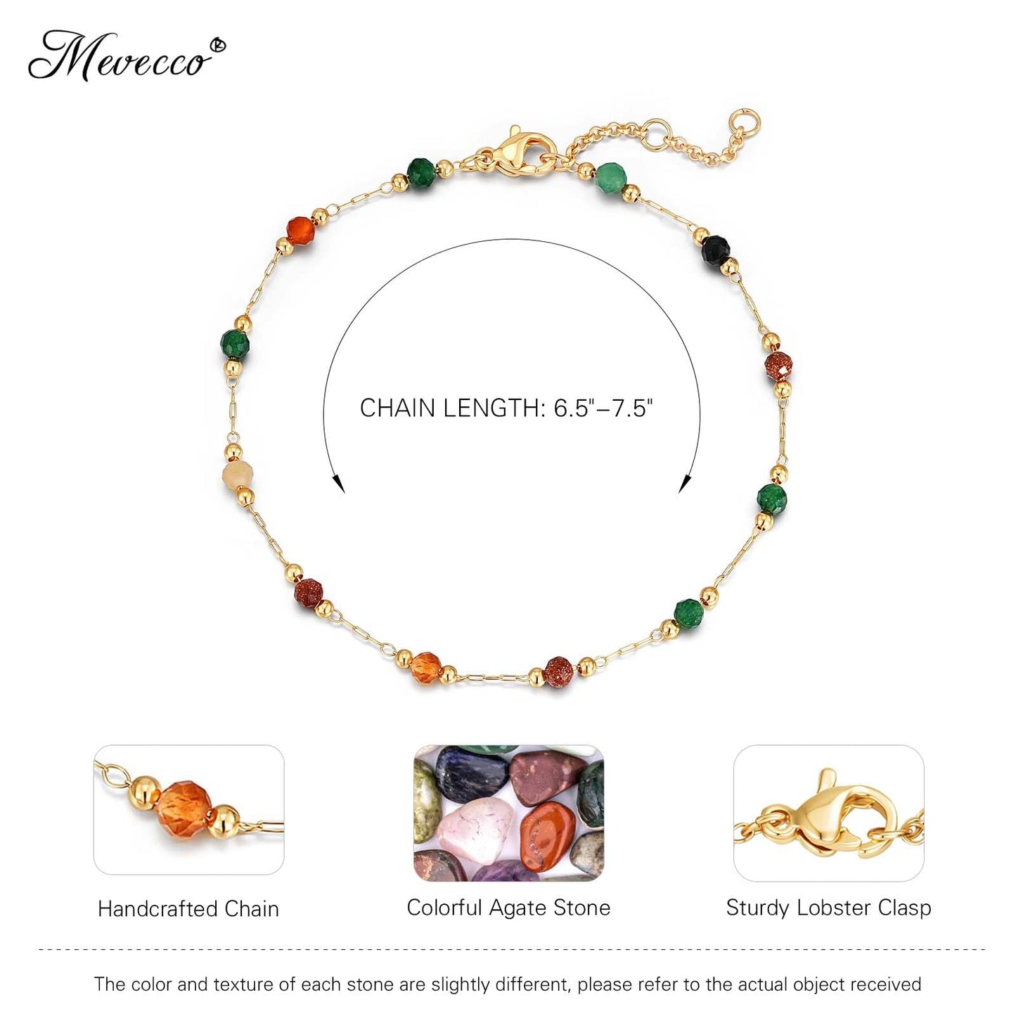 MEVECCO Gold Bracelet for Women 18K Gold Plated Colorful Agate Stone Custom Handmade Mixed Beaded Charm Chain Bracelet Stack Jewelry Gifts