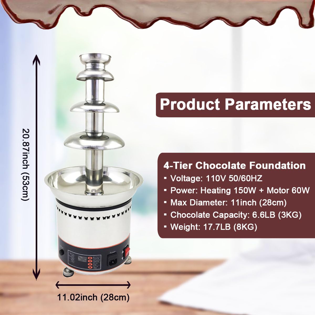 INTBUYING Chocolate Fountain, 4 Tier Electric Chocolate Fountain Machine, Stainless Steel Hot Fountain Machine, 110V for Melting Heating Chocolate, Cheese, Dipping Strawberries, Vegetables