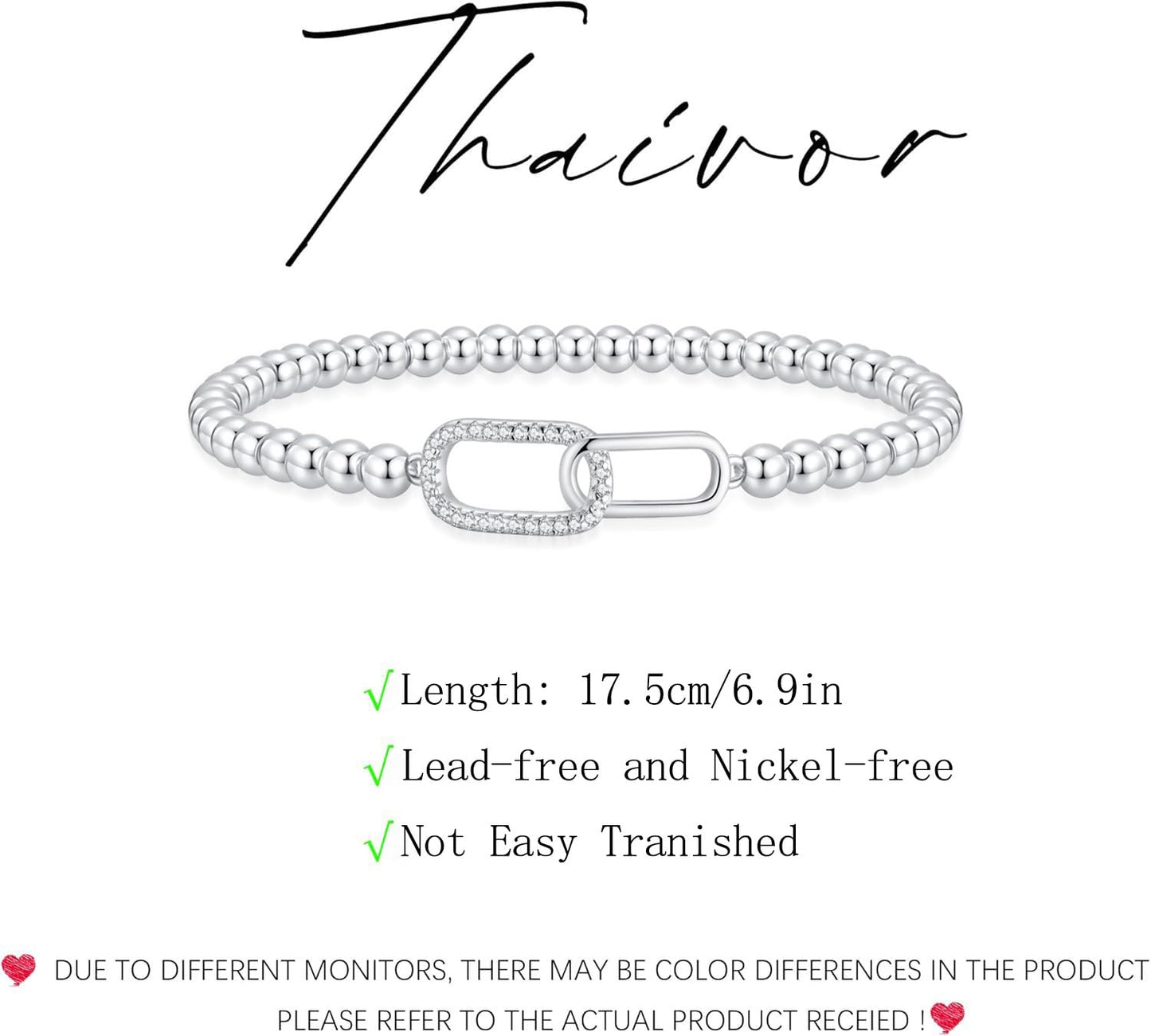 Beaded Bracelets for Women 14K Silver Gold Plated Stretch Handmade Ball Bracelets Cute Charm Bracelet Dainty Stackable Cross Heart Bow Wave CZ Circle Trendy Jewelry Easter Gifts (zirconia-square-silver)