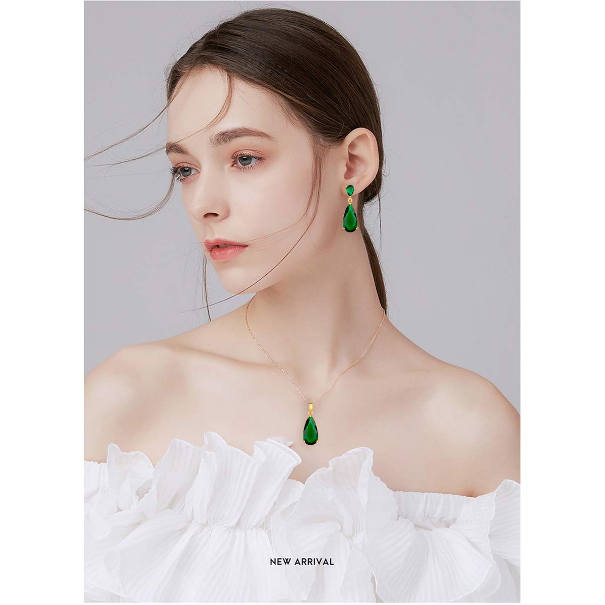 Emerald CZ Jewelry Set for Women - 18k Gold Plated Green Teardrop Cubic Zirconia Crystal Rhinestone Drop Earrings and Pendant Necklace Set for Mother of Bride Prom Party May Birthstone Fashion
