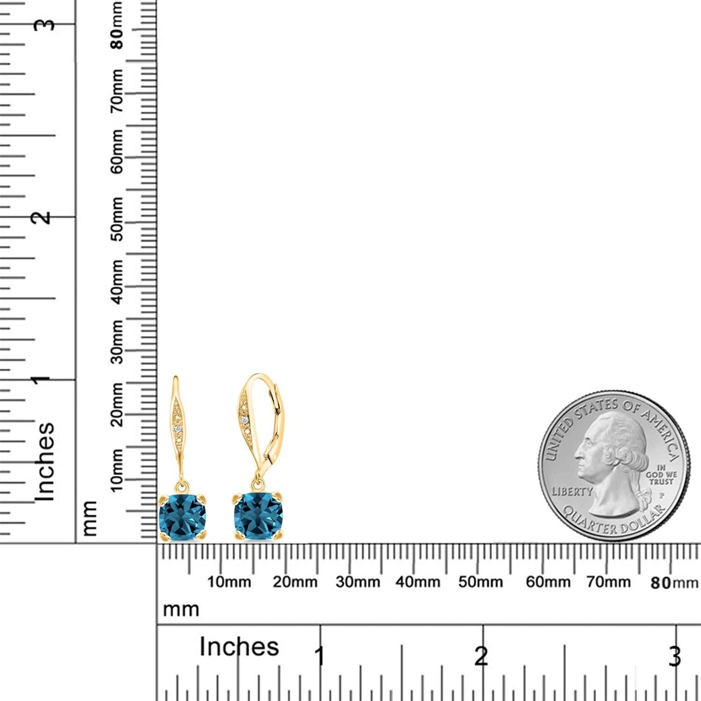Gem Stone King Drop Dangle Earrings For Women | 7MM Cushion Cut Gemstone Birthstone and Diamond | 925 Sterling Silver | Jewelry Gift for Mom Wife Her | London Blue Topaz-November | Yellow Gold