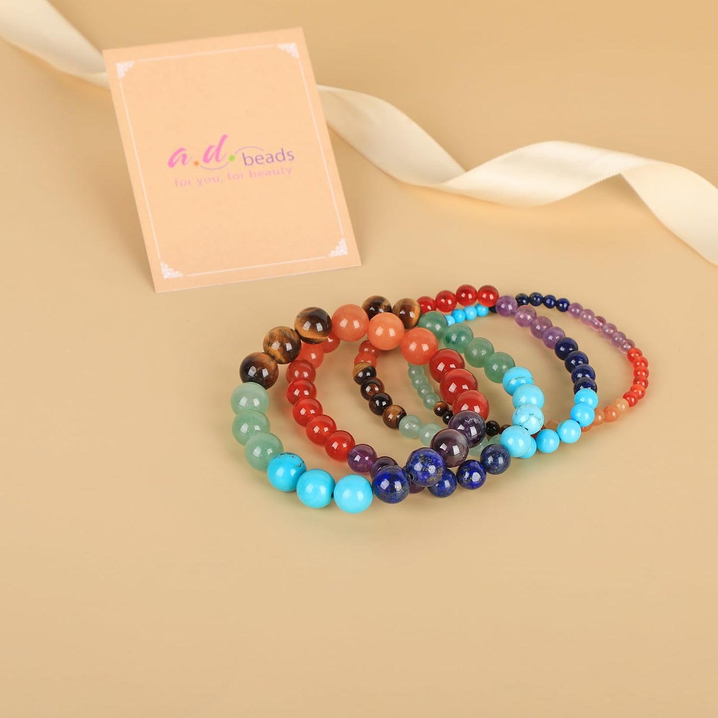 AD Beads Handmade Gemstone Stretch Elastic Bracelet Crystal Healing Reiki Nature's Beauty and Spiritual Essence Unisex (8mm, Seven Chakra Stones (Energy Balancing))
