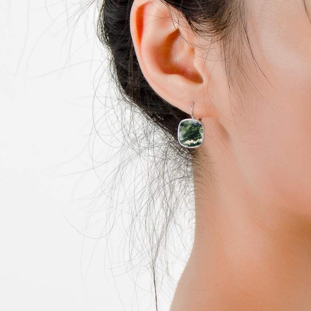 AOBOCO Sterling Silver Leverback Earrings Embellished with Crystals from Austria, Hypoallergenic Cushion Cut Square Crystal Earrings, Fine Anniversary Birthday Jewelry Gifts for Women (Moss Agate)