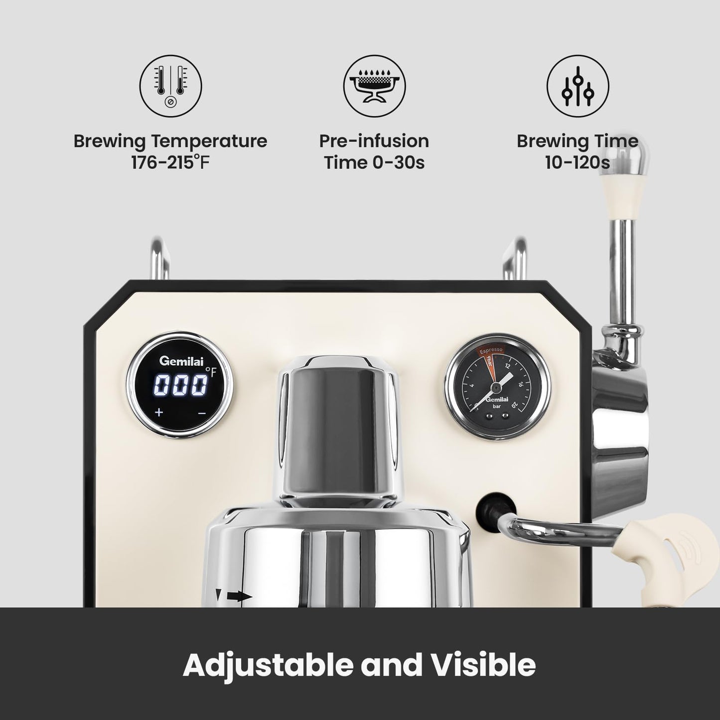 Owl Espresso Machine, 15 Bar Professional Semi-Automatic Espresso Maker with Milk Frother Steam Wand, 57oz Removable Water Tank, Dual Display, for Cappuccino, Latte at home, G3006, Ivory White