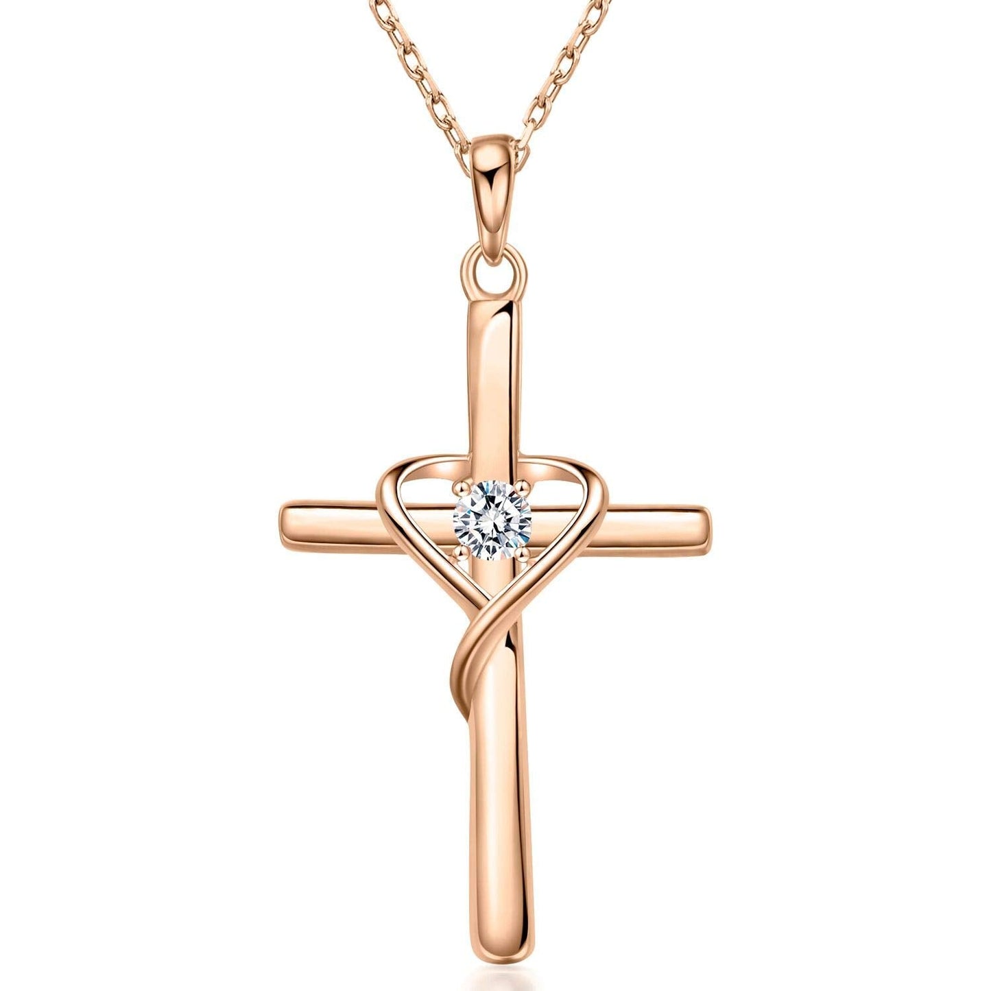 AmorAime 925 Sterling Silver Cross Necklace for Women Men 14K Gold Plated 5A CZ Birthstone Necklaces for Holiday (M-Rose Gold)