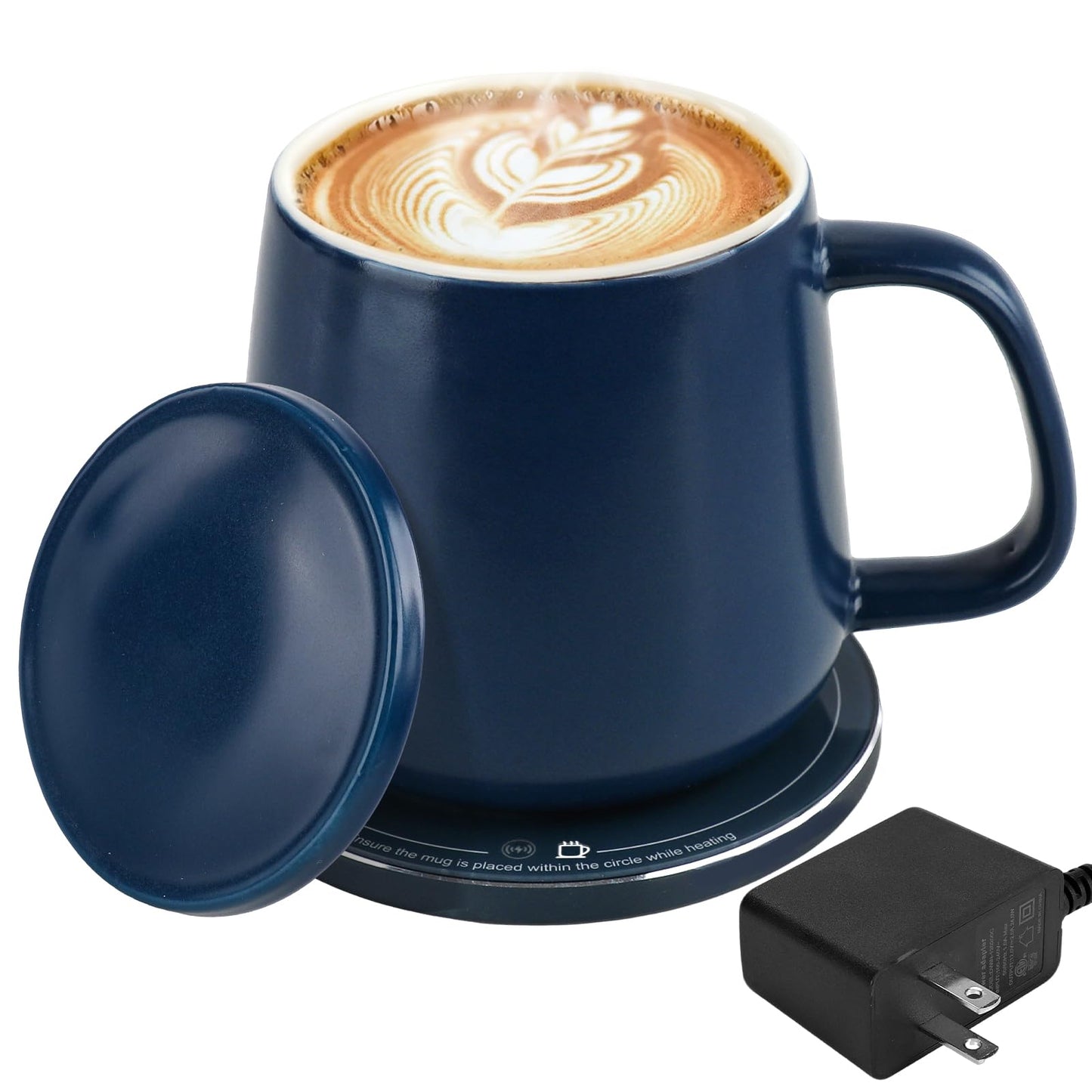 USBERG Smart-Warming Ceramic Mug & Plug in 15W Wireless Charger Combo - Keep Coffee Hot (131°F/55°C, USB-C) & Phone Charged, Cord-Free! 12.8 oz, Splash-Proof Lid (Navy Blue)