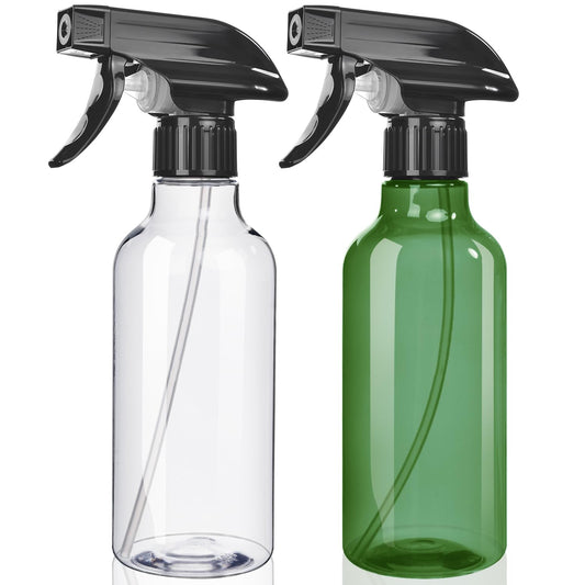 Spray Bottles 2-Pack, 10 Oz, Mist & Stream, Heavy Duty Spraying Empty Water Sprayer Bottle, BPA Free Plastic Refillable Containers for Cleaning Solutions, Plants, Hair, Essential Oils, Clear & Green
