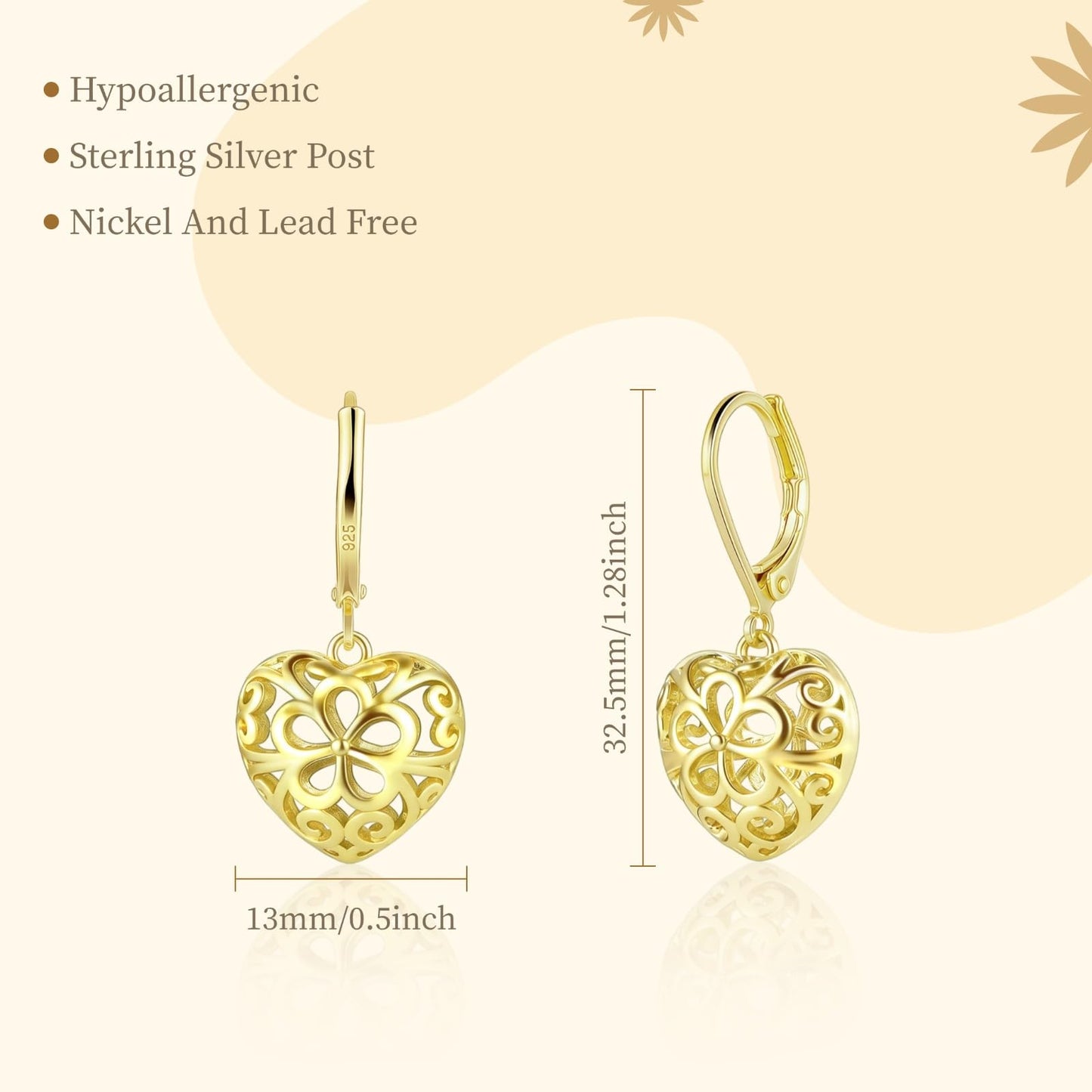 14K Gold Dangle Heart Earrings for Women Hypoallergenic Filigree Leverback Drop Earrings Jewelry Gifts