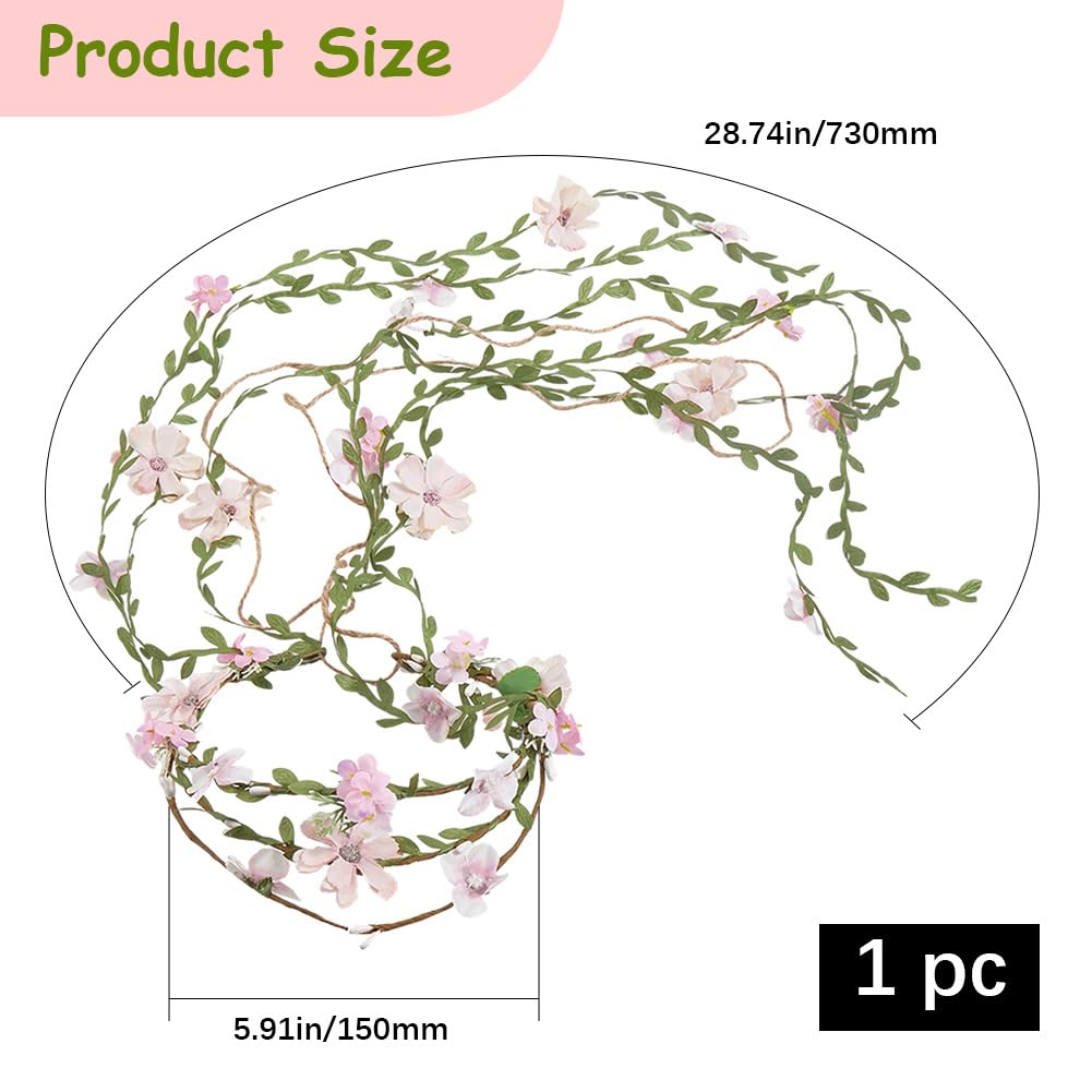 CABODYALS Pearl Pink Flower Crown Headband Boho Floral Wreath With Leaves Vine Ribbon Fairy Hairband Garland Wrapped Crafting Hair Hoop for Women Party Wedding Accessories Vacation Festival Decor