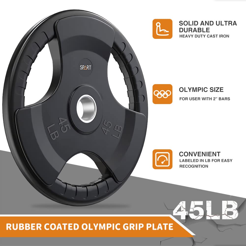 SPART Weight Plate 2-Inch Rubber Coated Olympic Grip Plate for Barbell,Solid Cast Iron Weight Plates in Pairs or Single for Strength Training,Weightlifting,Crossfit,Home Gym, 5LB, Pair