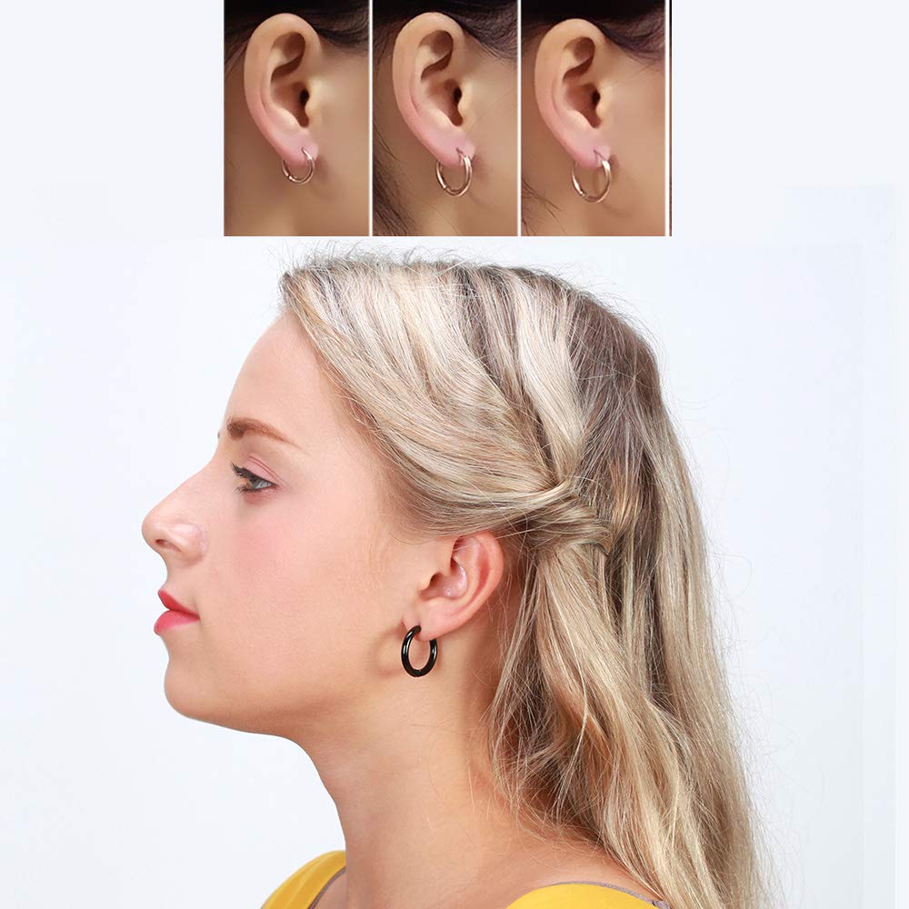 316L Surgical Stainless Steel Huggie Hoop Earrings 14mm Black Hypoallergenic Earrings Hoop Cartilage Helix Lobes Hinged Sleeper Earrings For Men Women(F03:14mm Black(THK 2.0mm))