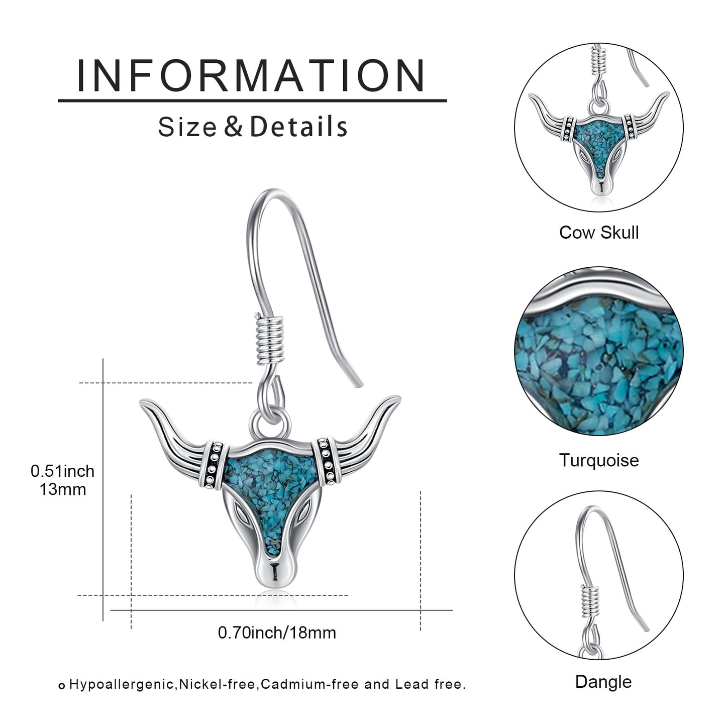 KoyeKei Western Cow Earrings for Cowgirl Cowboy 925 Sterling Silver Turquoise Texas Longhorn Cow Skull Dangle Drop Earrings Western Longhorn Country Jewelry Christmas Graduation Gifts for Mom Women