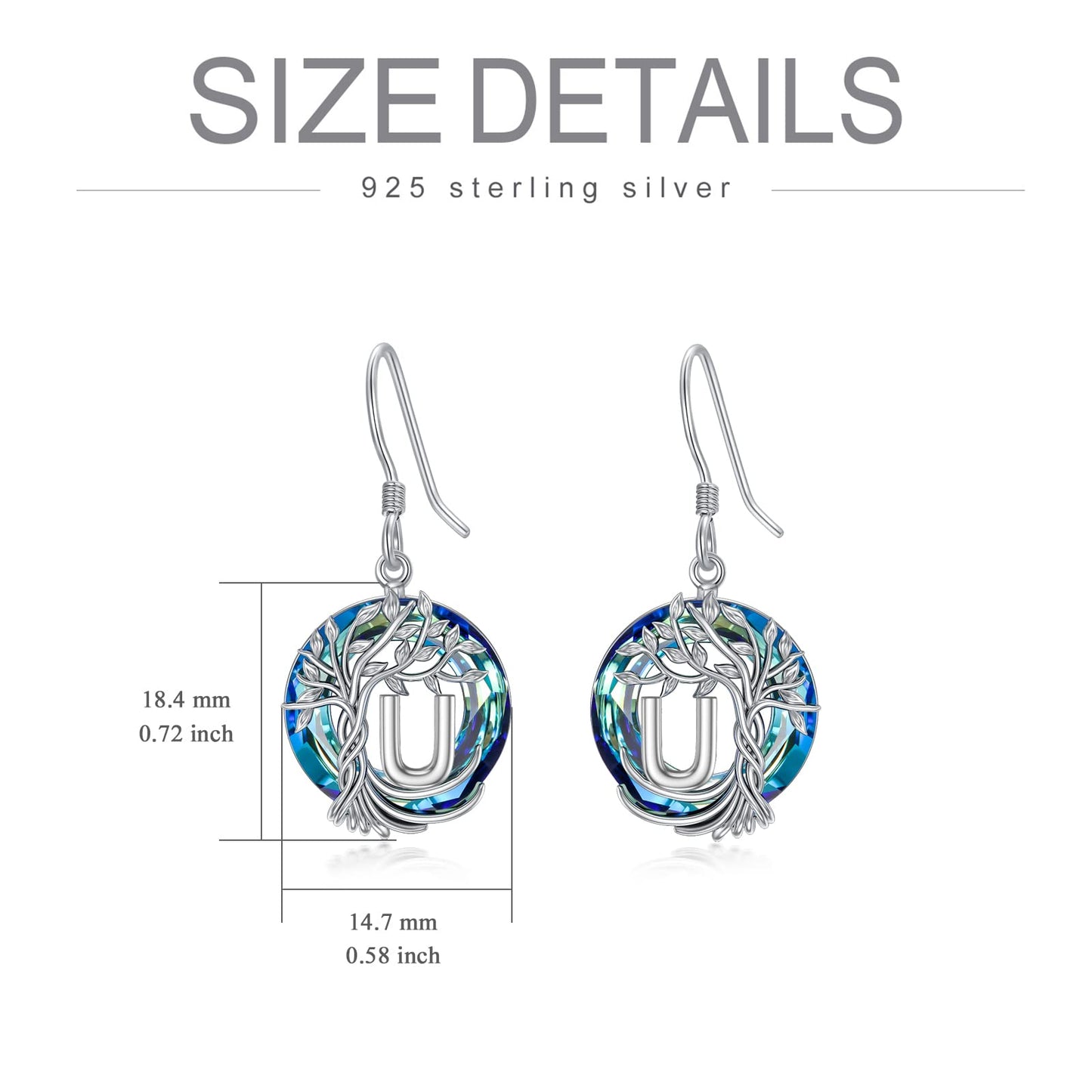 TOUPOP Tree of Life Initial Earrings Sterling Silver Initial U Letter Drop Dangle Earrings Blue Circle Crystal Family Tree Jewelry Birthday Mothers Day Gifts for Women Mom Her