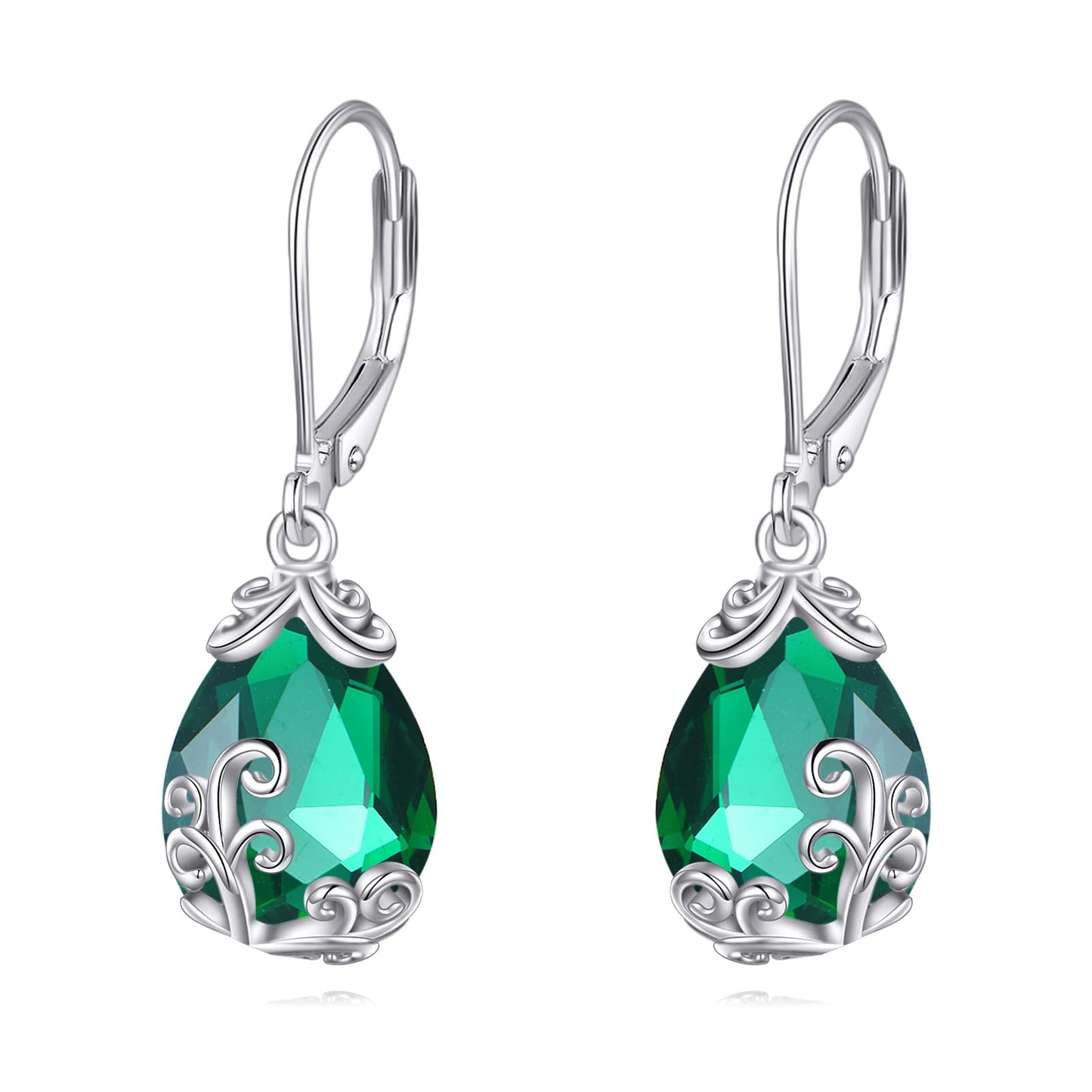 POPLYKE BirthStone Filigree Teardrop Drop Dangle Earrings Sterling Silver Emerald Leverback Earrings May Birthstone Jewelry Gifts for Women