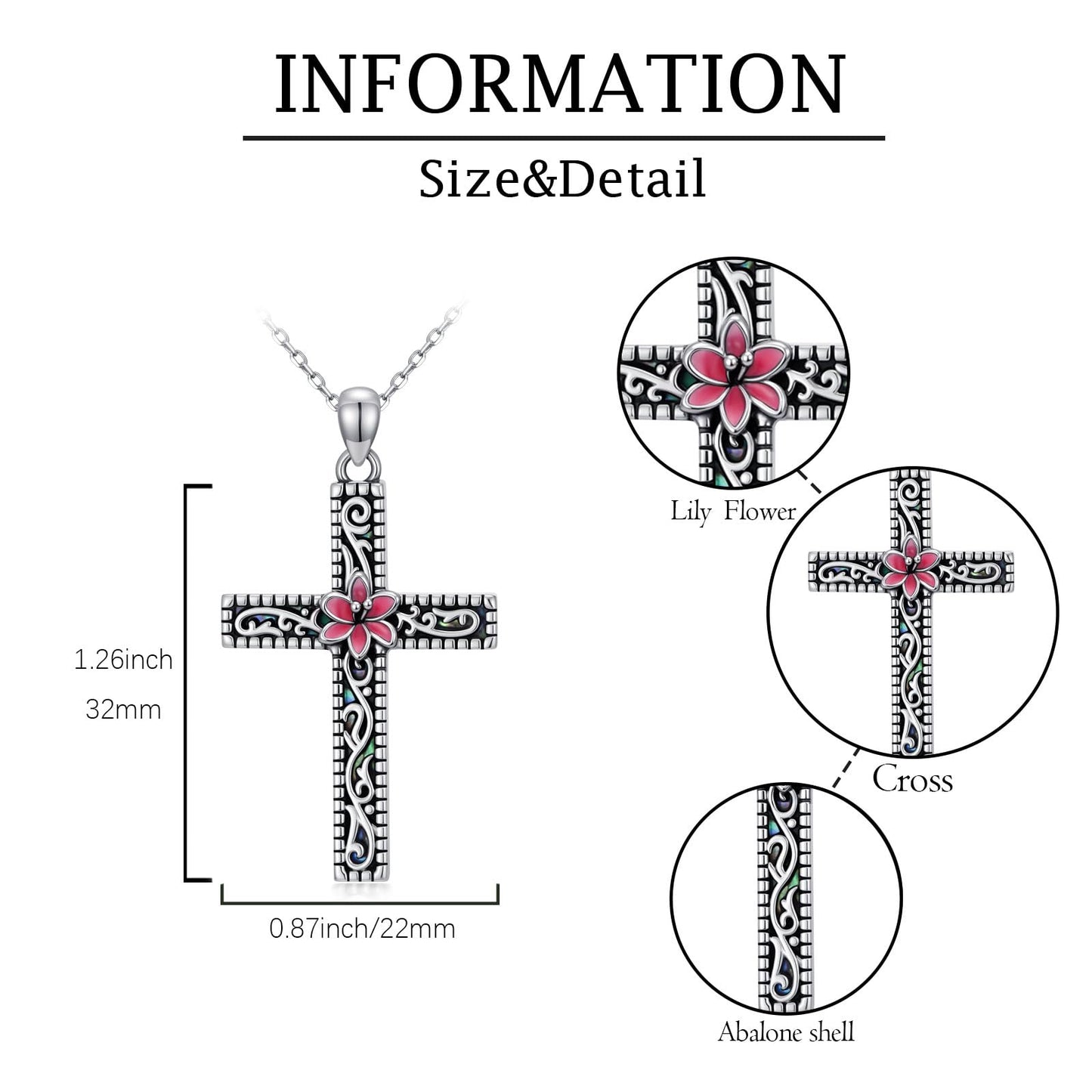 KoyeKei Lily Cross Necklace for Women 925 Sterling Silver Lily Flower Pink Filigree Necklaces Pendant Christian Faith Jewelry with Abalone Shell Gifts for Mom Lover Mothers Day Birthday Graduation