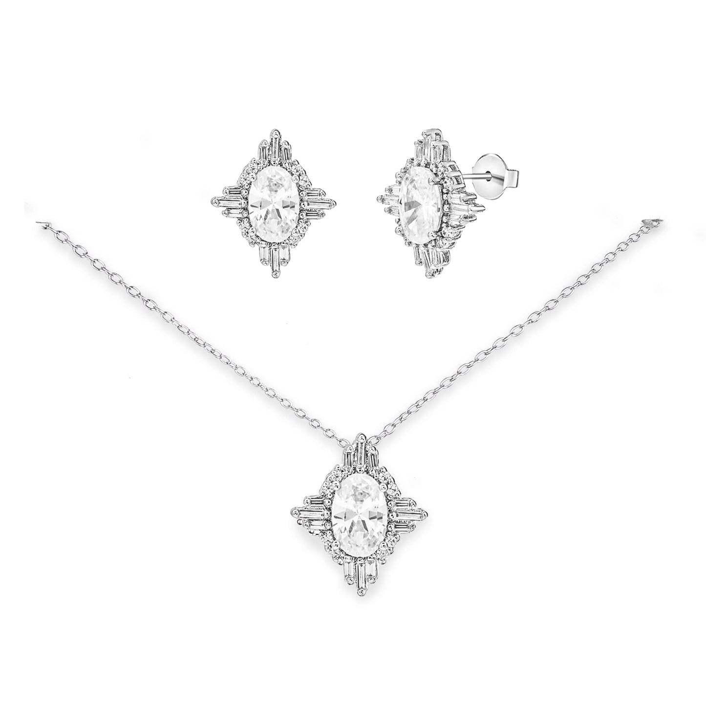 HOPE LOVE SHINE Simple Bridal Jewelry Set For Wedding Silver Bridal Party Bridesmaids Necklace And Earrings Set Vintage Inspired Single Baguette Cut Diamond Crystal Drop