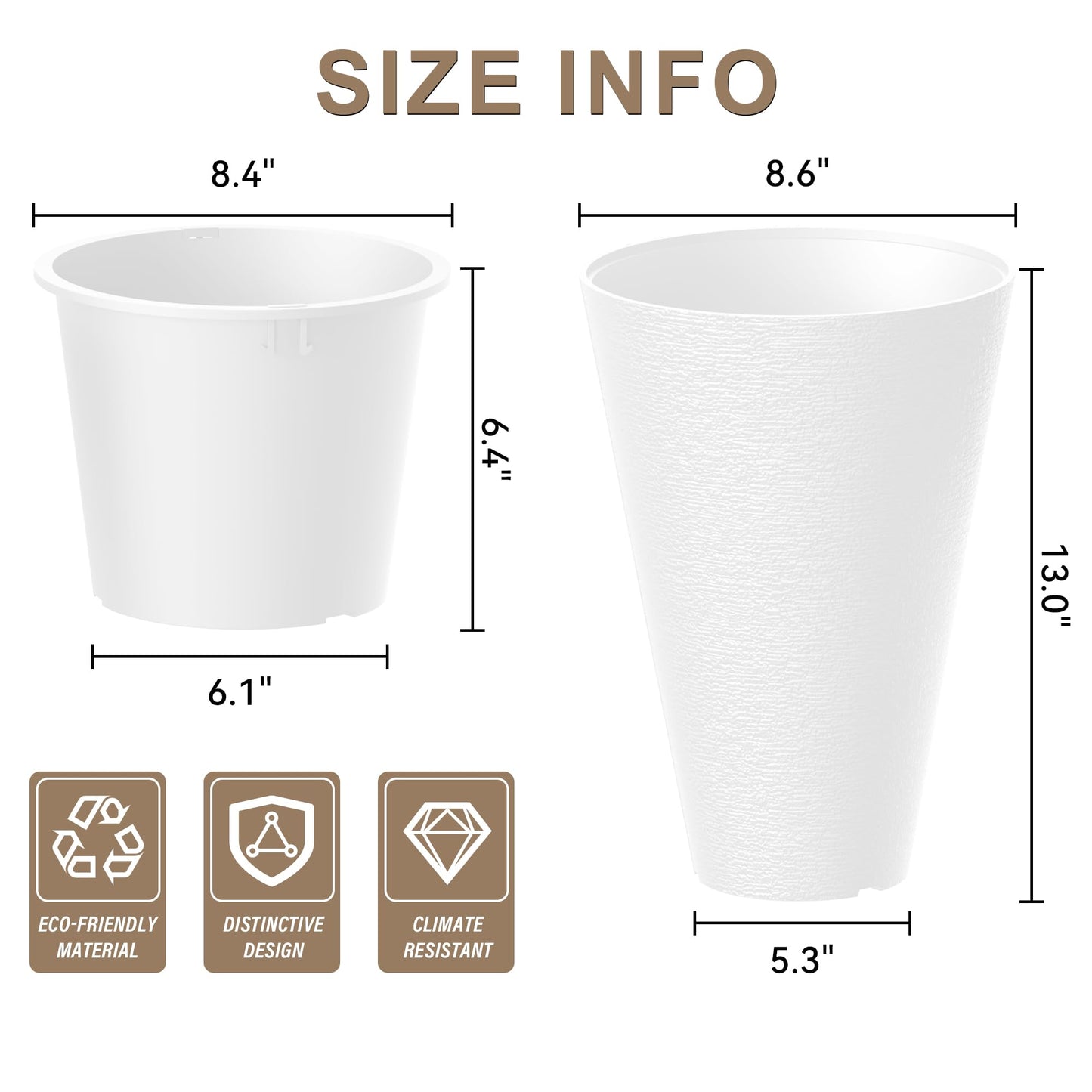Kante Tall Round Planter Set of 2, 13 Inch Tall Decorative Planter Pots for Outdoor Indoor Garden Patio Front Porch (White)