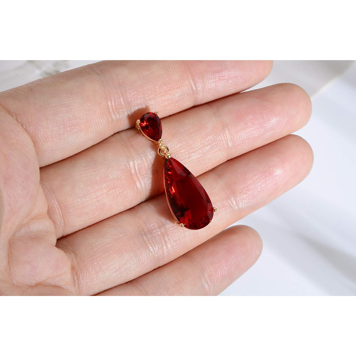 Mycitta Bridal Jewelry Set for Wedding - 18k Gold Plated Red Ruby Teardrop Cubic Zirconia Crystal CZ Drop Earrings and Pendant Necklace Set for Mother of Bride Prom Party Formal Women