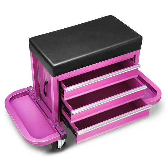 DNA MOTORING 3-Drawer Tool Chest Rolling Mechanic Seat with Tool Trays,350lbs Max Weight Capacity, Purple, TOOLS-00261-PR