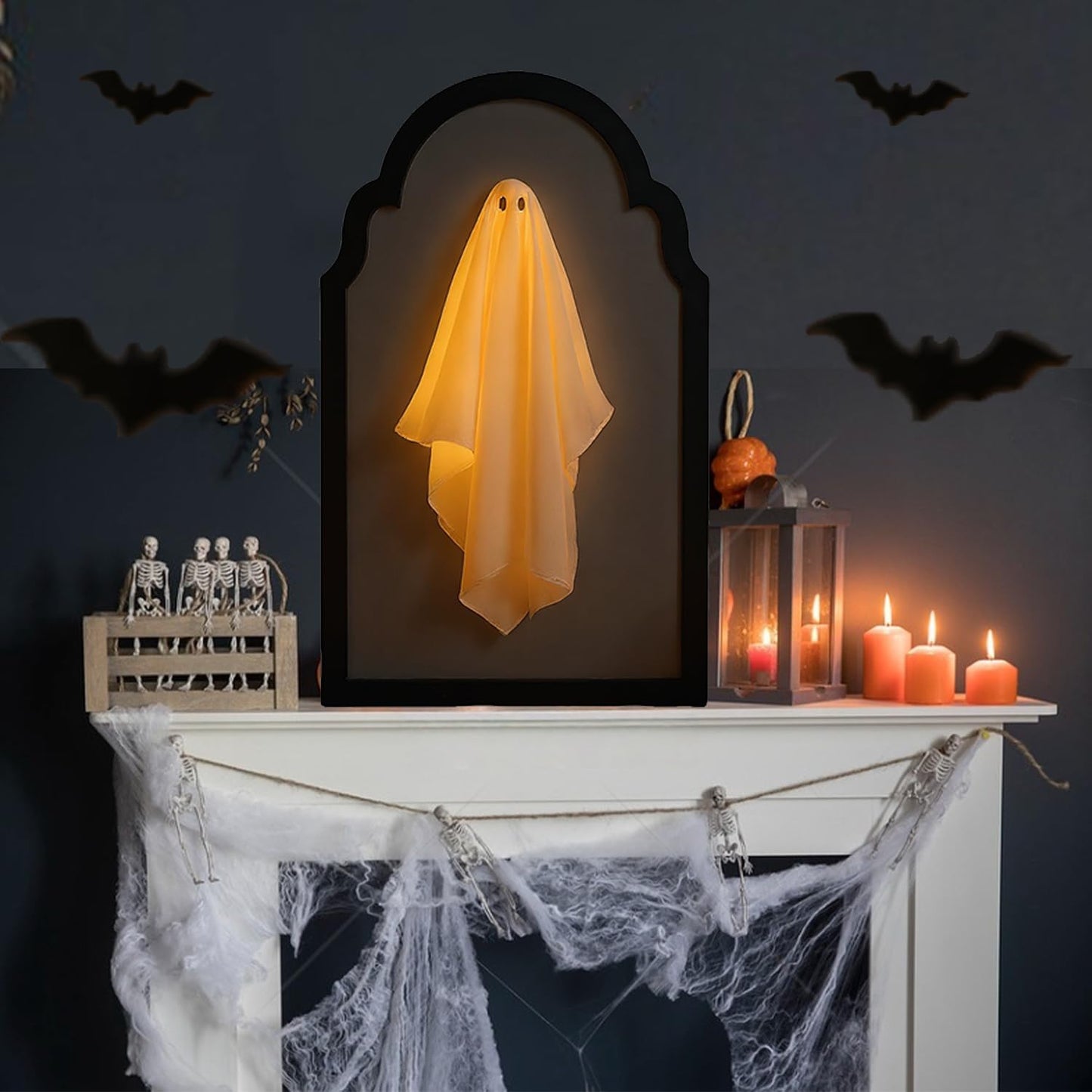 QIPECO Halloween Hologram Ghost Mirror with Creepy Eyes Night Light,Halloween Ghostmirror Spooky Halloween Haunted House Decor,Black Wood Frame (S)