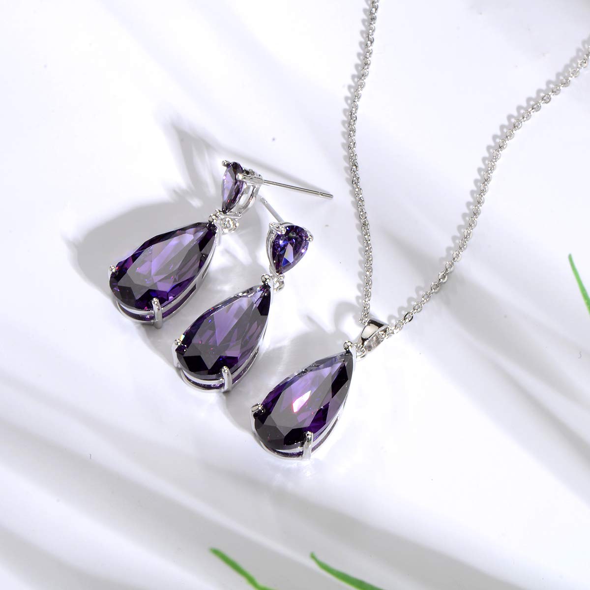 Mycitta Bridal Jewelry Set for Wedding - Amethyst Purple Teardrop Cubic Zirconia Crystal CZ Rhinestone Pendant Necklace Set for Mother of Bride Prom Party Formal Jewelry