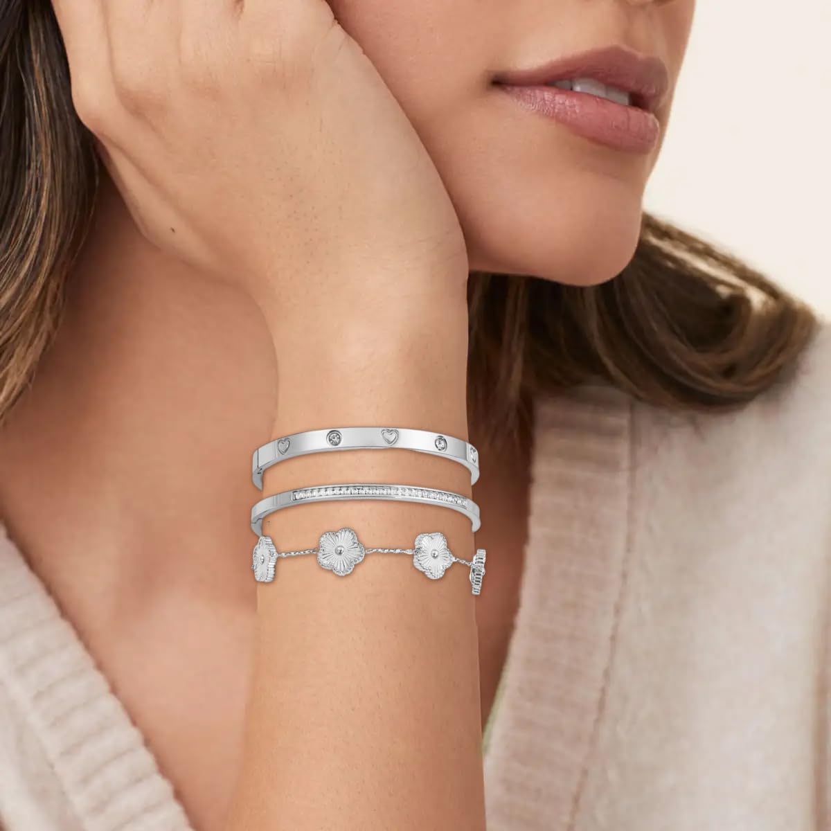 Acnode Gold Clover Bracelets for Women - Stackable Stainless Steel Nail Bracelet, Friendship & Love Bangle - Trendy Jewelry Set, Ideal Birthday Gift (Silver 3PCS)